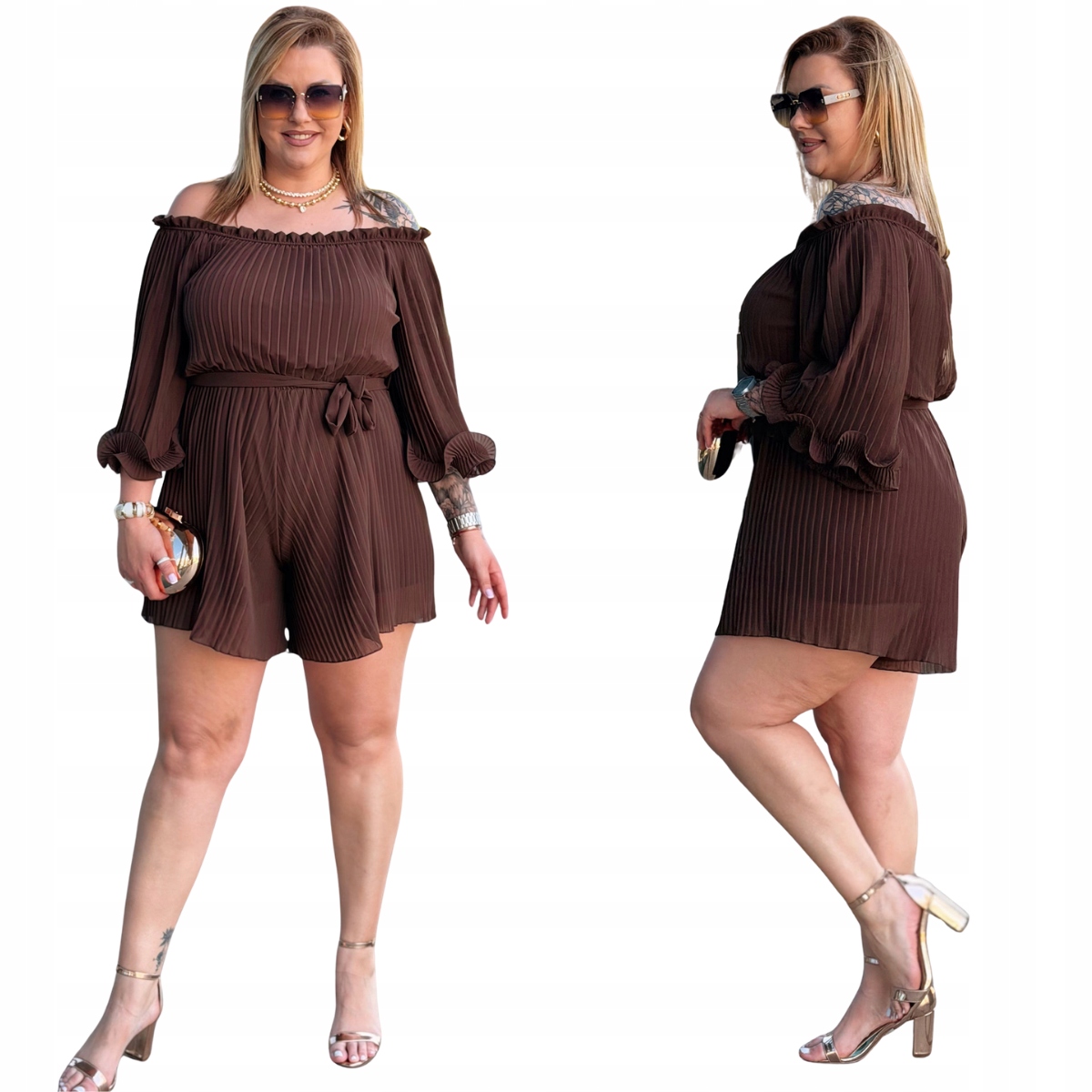 Kombinéza Plisa Krátká Plus Size Velká Velikost Cavaricci Dámská Čokoládová