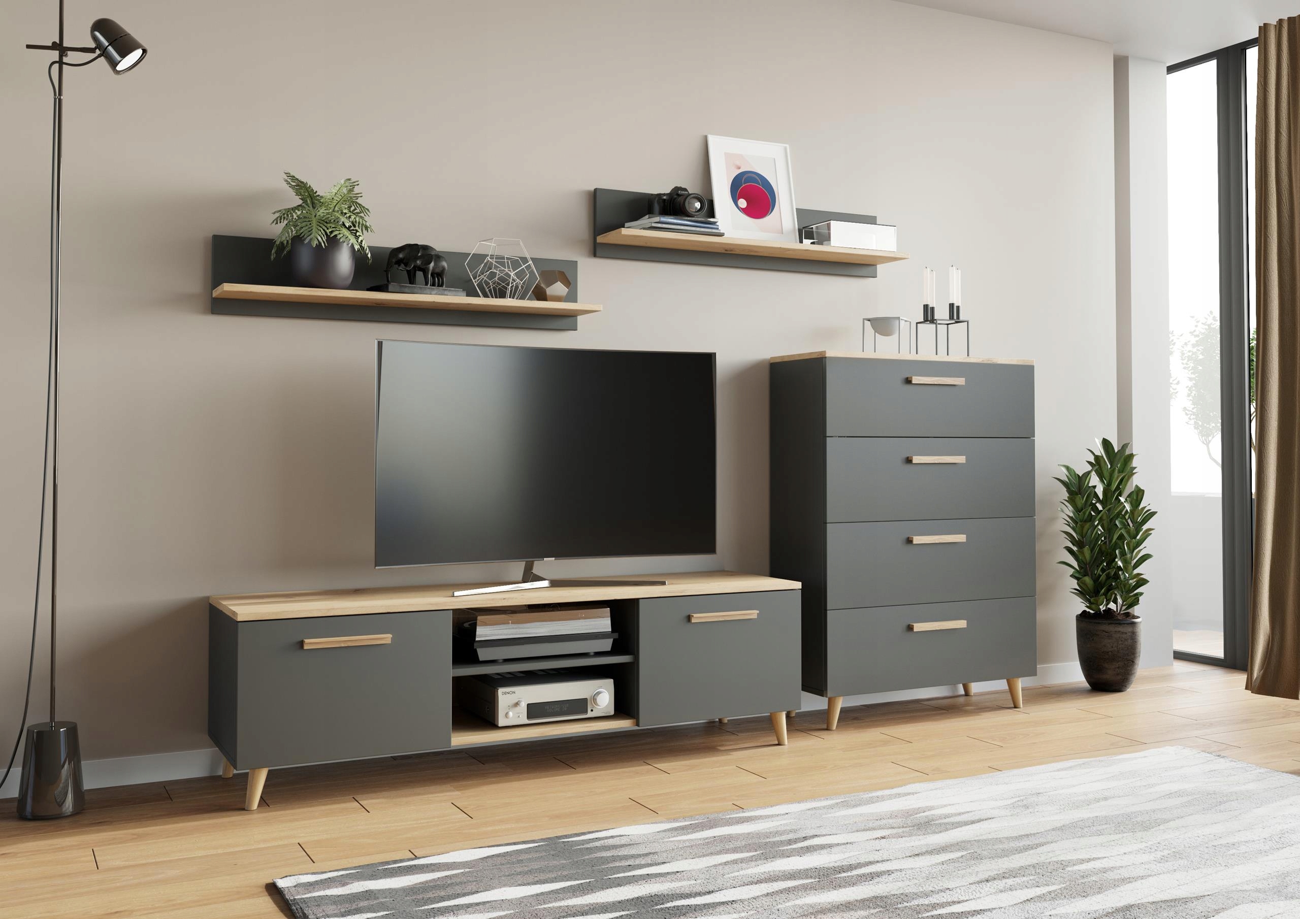 Obývacia Stena Fiord antracitová dubová komoda Rtv skrinka Per