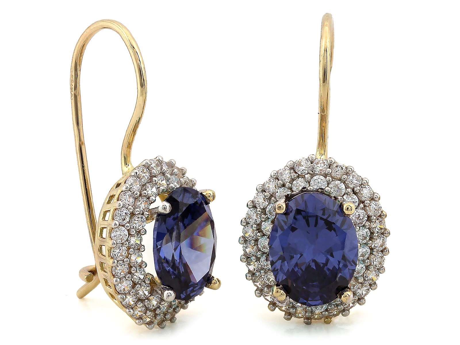 Zlaté náušnice 585 na biglu s modrým kamenem a zirkony