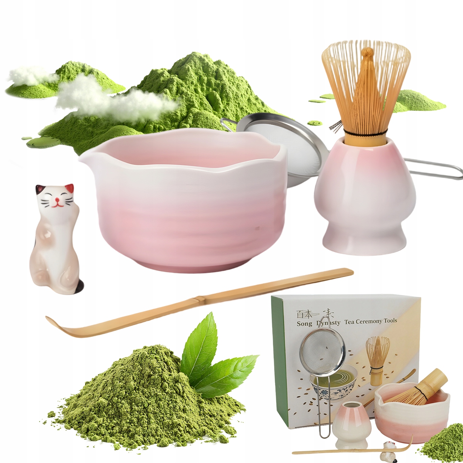 Sada Na Přípravu Čaje Matchy 6 El. S Kočičím Držákem Na Lžičku, Růžová