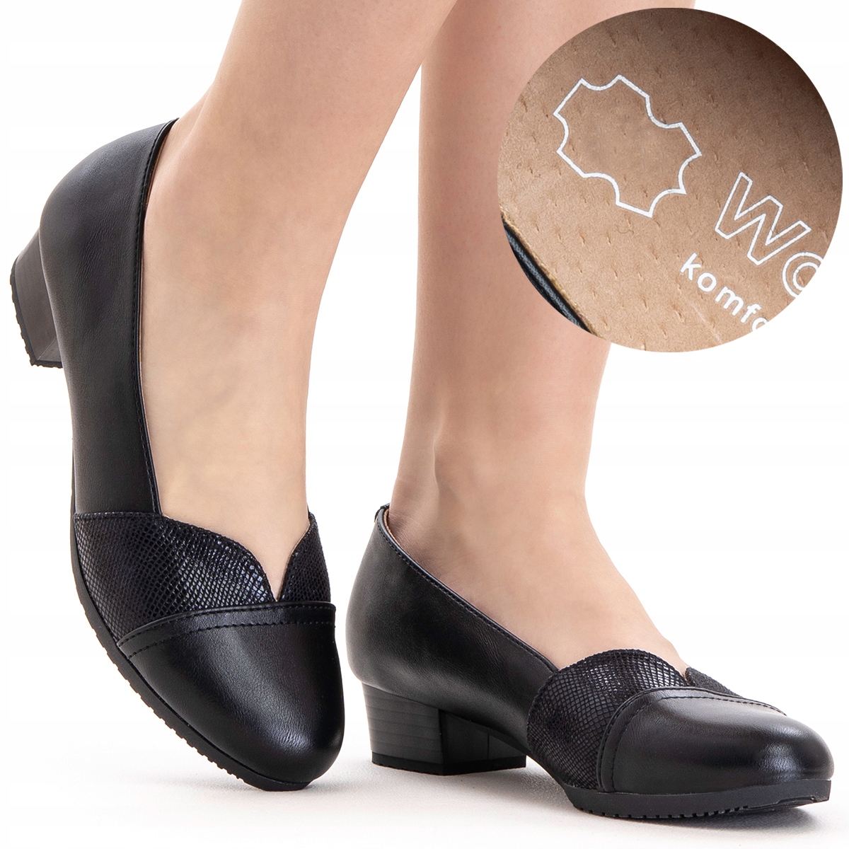 Polobotky s koženou stélkou, lodičky na podpatku, módní Širší pohodlné Wojtyłko 38