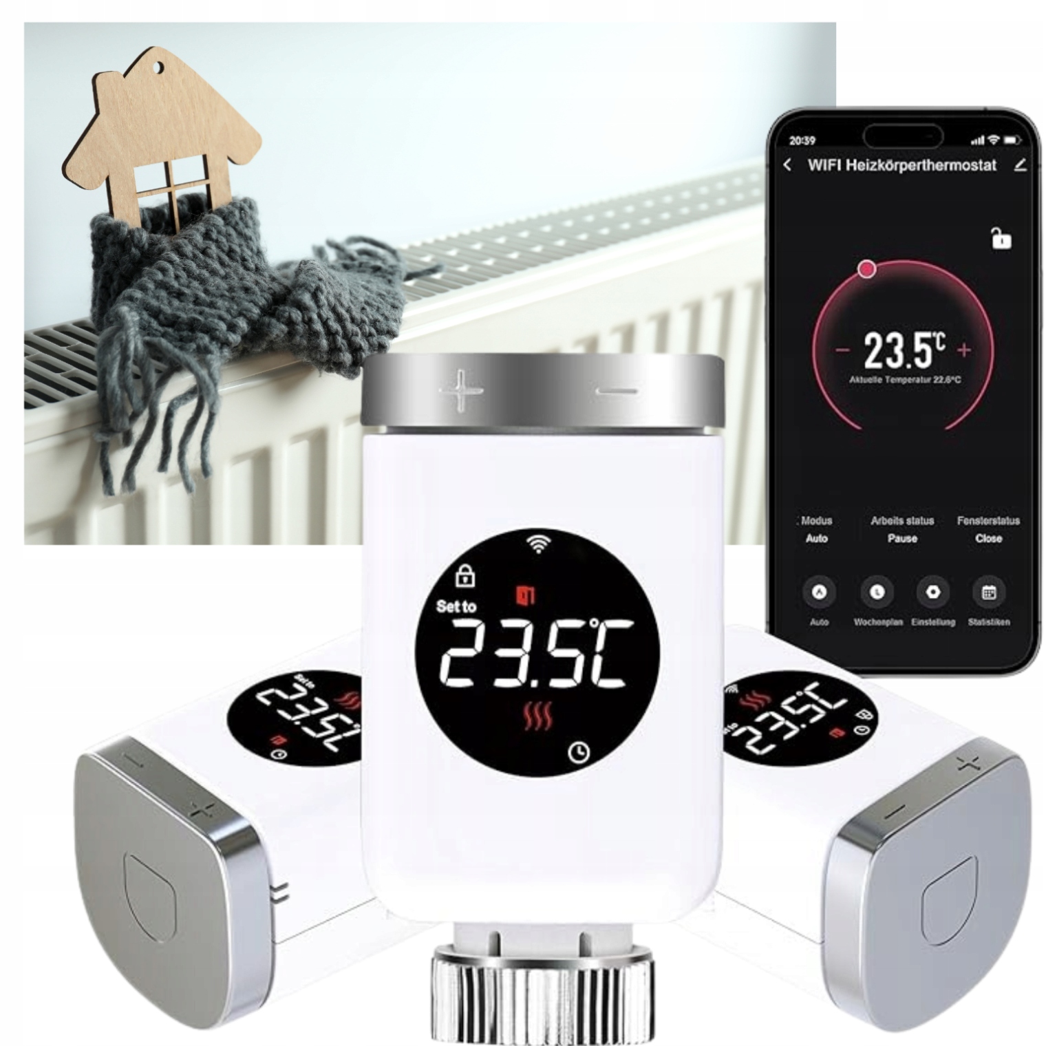 3x Termostatová hlavica Smart, termostatická, ovládanie aplikáciou