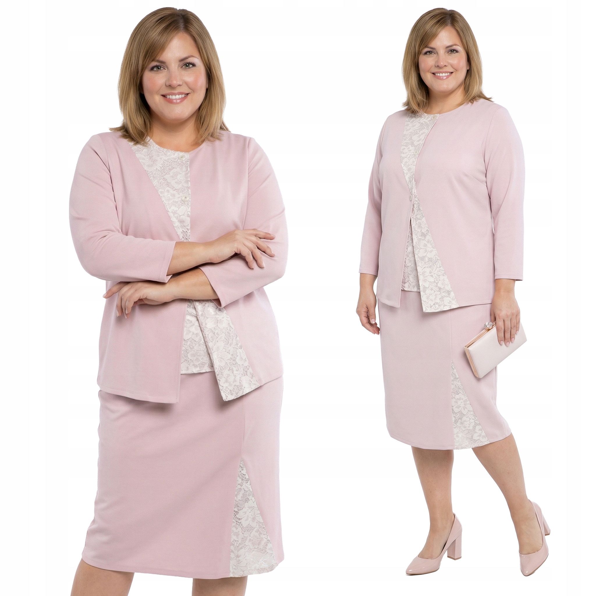 Světle růžový komplet s lesklou květinovou krajkou plus size velikost 60/62