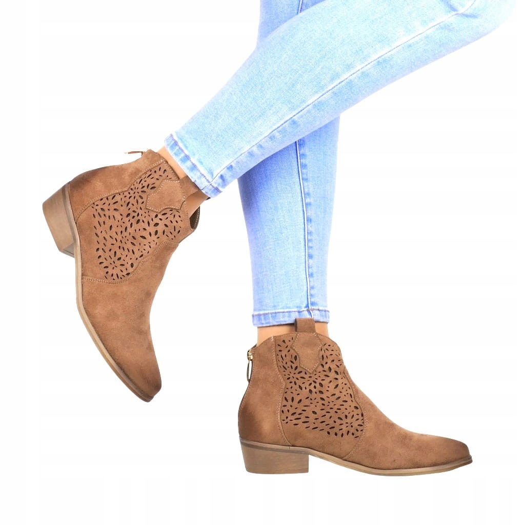 iButy DAMSKIE KOWBOJKI AŻUROWE NA NISKIM OBCASIE BRĄZOWE ZAMSZOWE Rozmiar 37