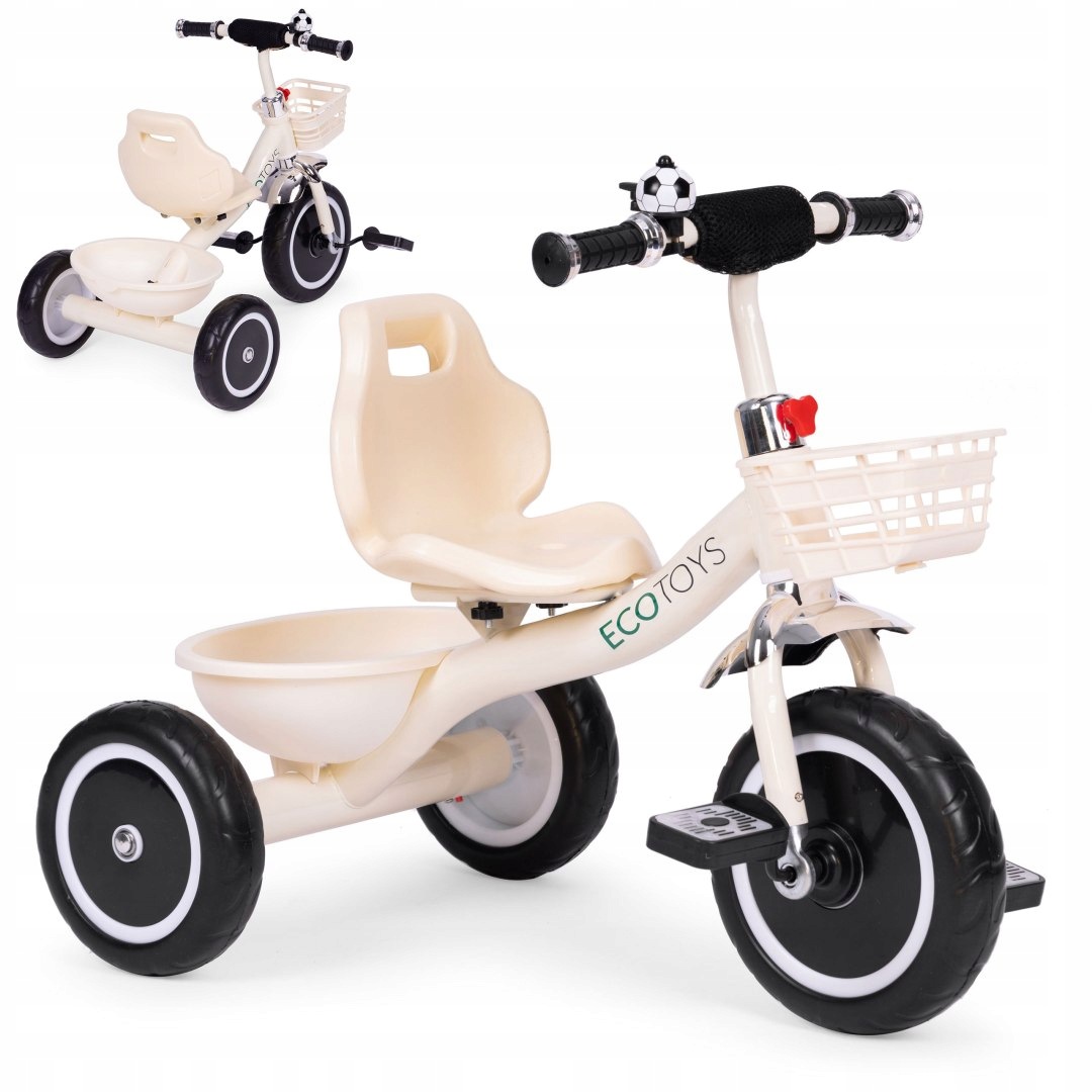 Rowerek Trójkołowy Antypoślizgowe Uchwyty Dzwonek Koszyk Beżowy Ecotoys