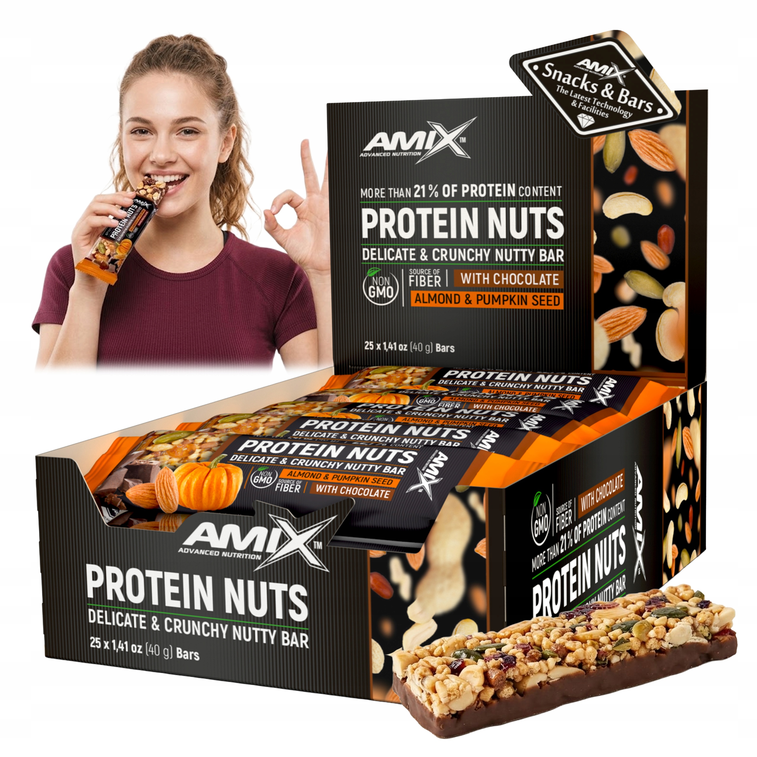 Batoniki Orzechowe Z Migdałami +pestki dyni Amix naturalny baton 21% białka