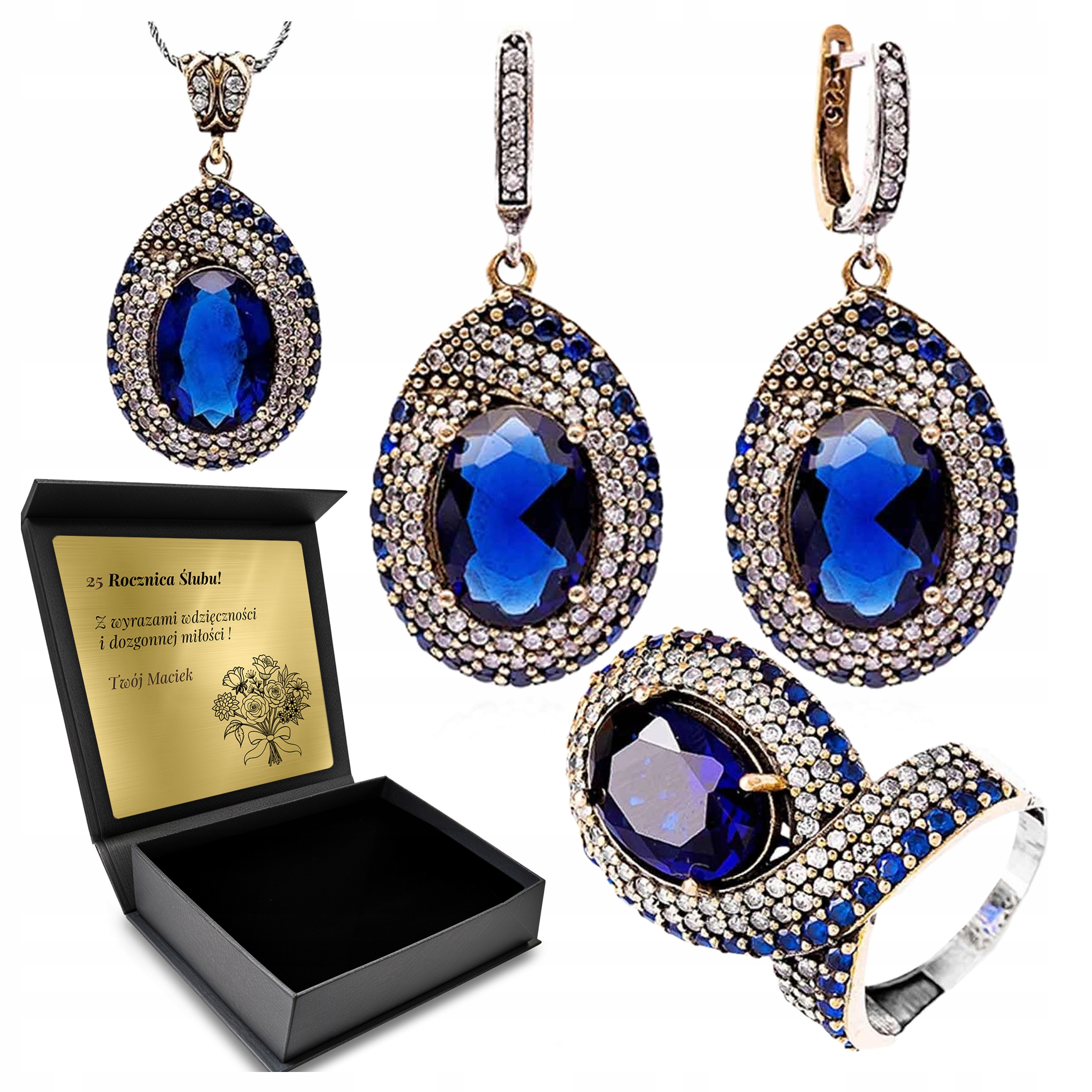 Komplet Stříbrných Šperků 925 Zirkony Safír Dárek pro ženu Gravírování