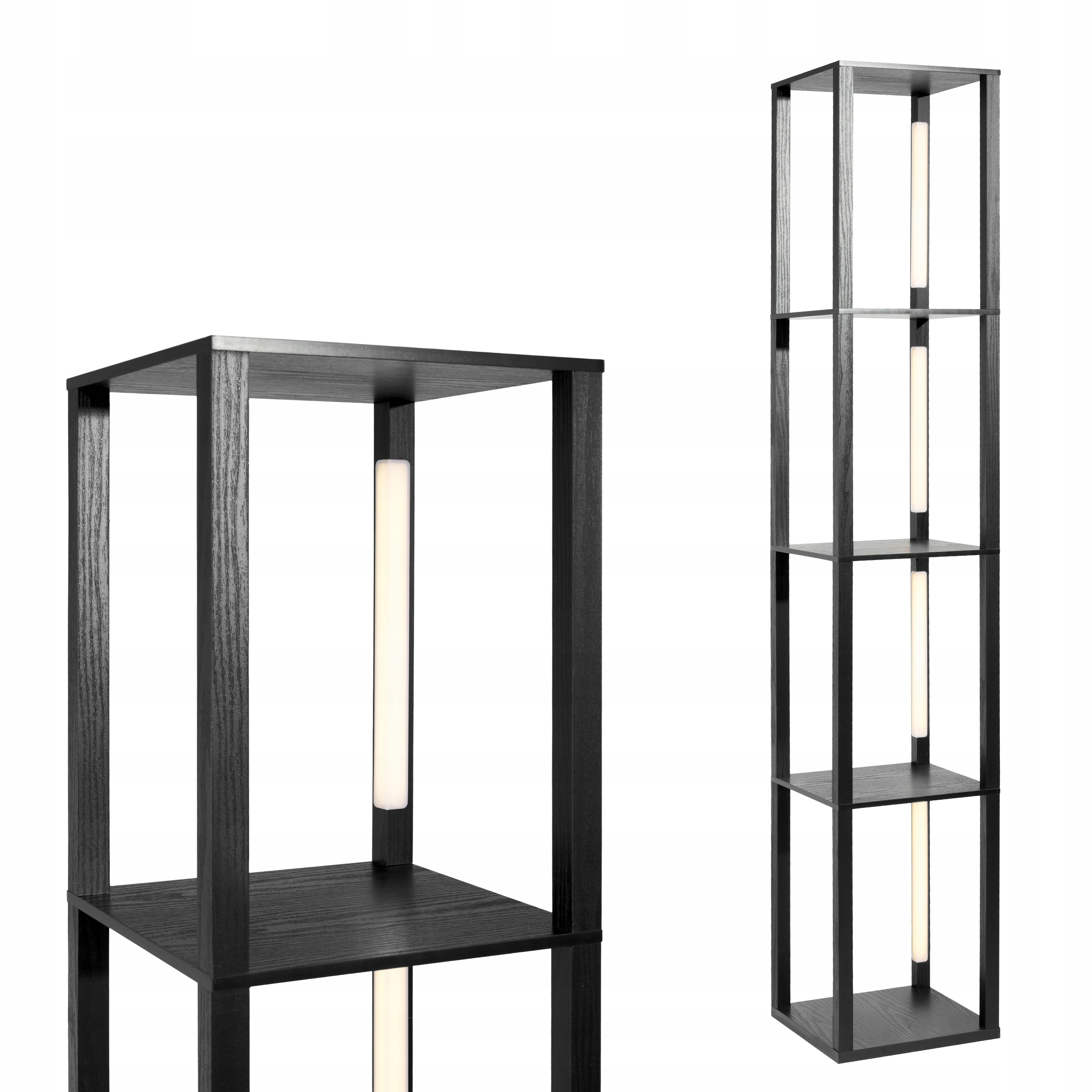 Lampa Podłogowa Stojąca Drewno Półka Regał Czarna Led Ściemnianie Loft