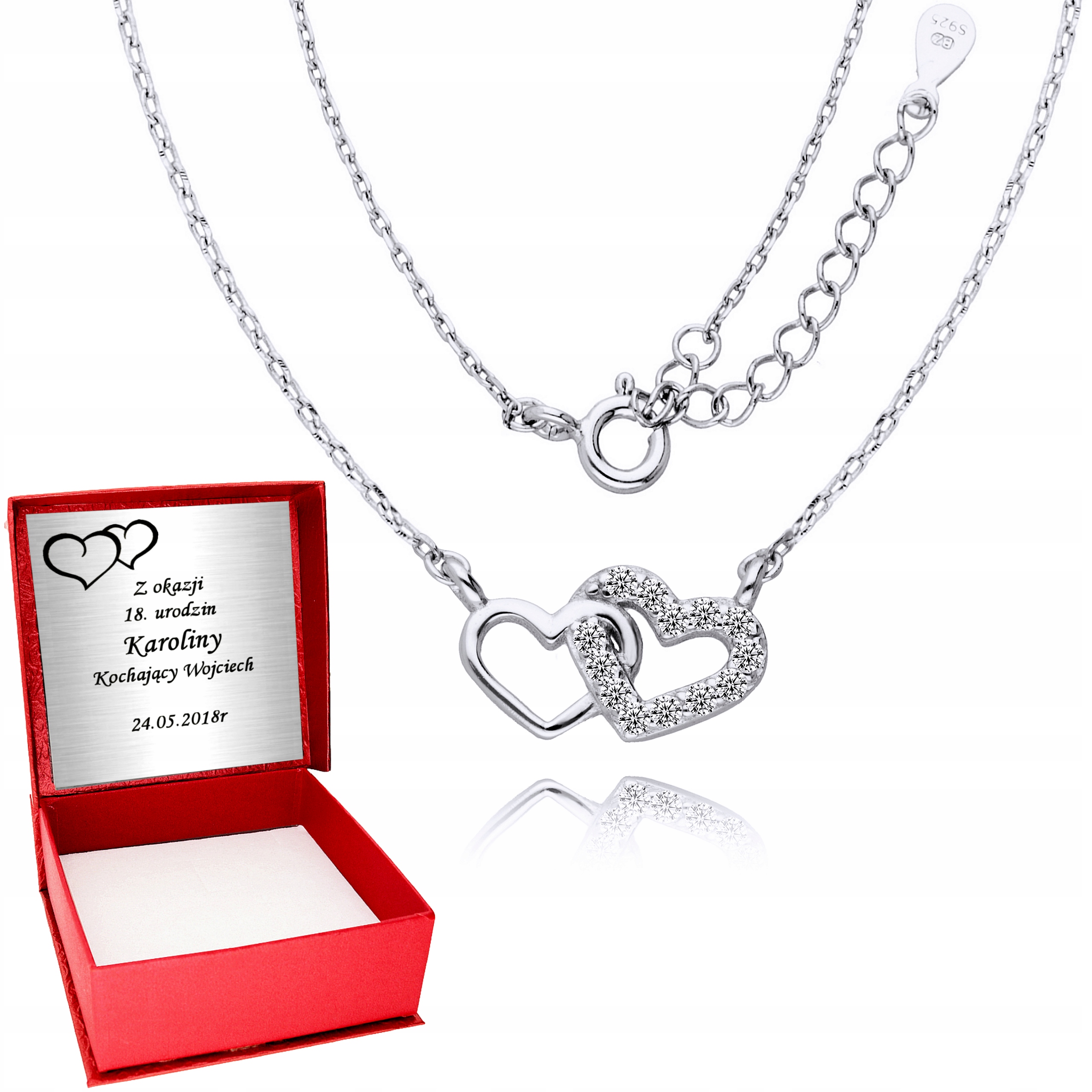 

Srebrny Łańcuszek 925 Serce Dwa Serduszka Grawer