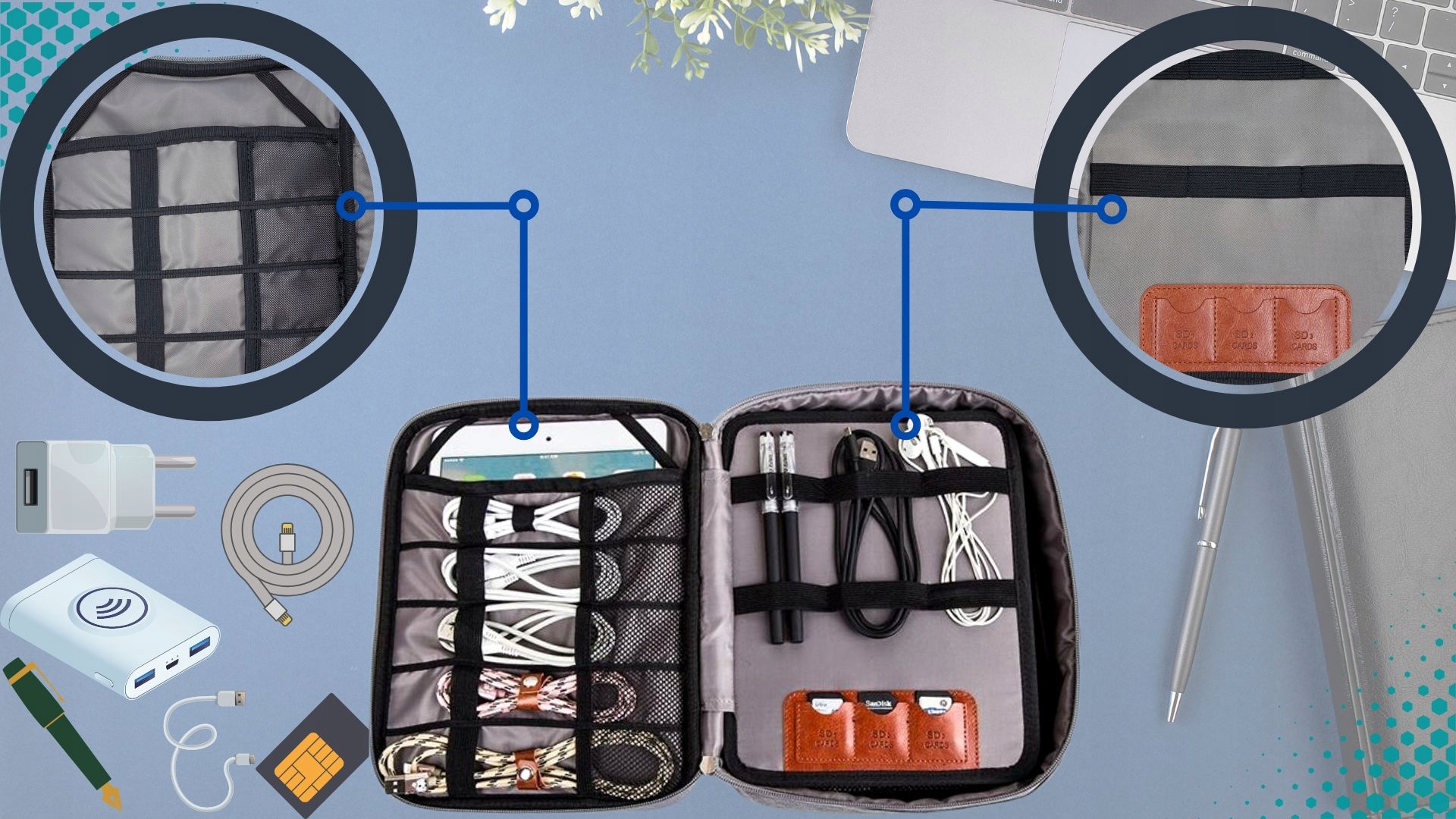 ETUI TORBA ORGANIZER NA ŁADOWARKI KABLE TABLET IPAD PORDÓŻNA POJEMNY JAKOŚĆ Kolor czarny