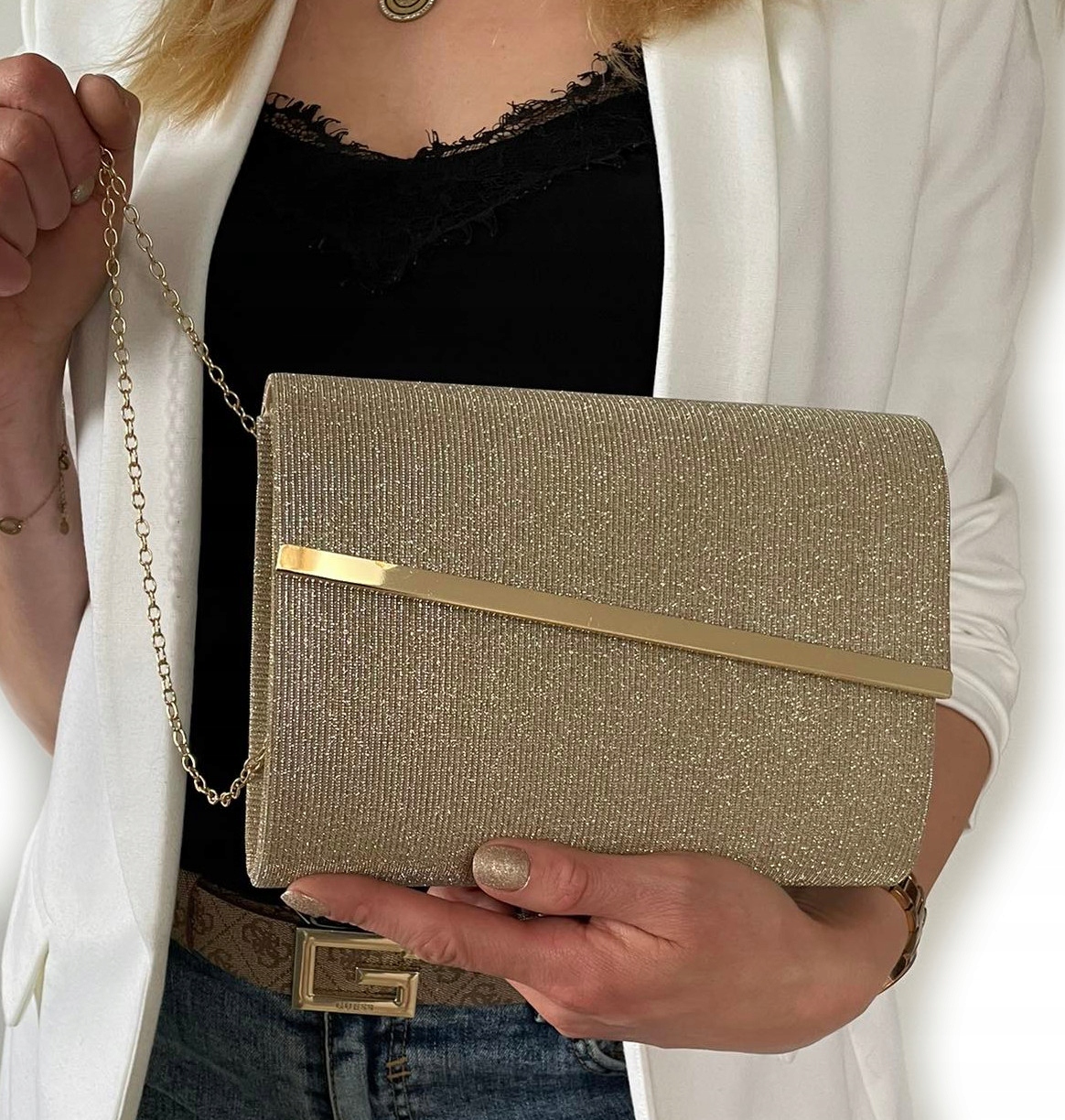 BŁYSZCZĄCA PIĘKNA TOREBKA KOPERTÓWKA BISKUPI/ZIELONY OPALIZUJĄCA Odcień biskupi