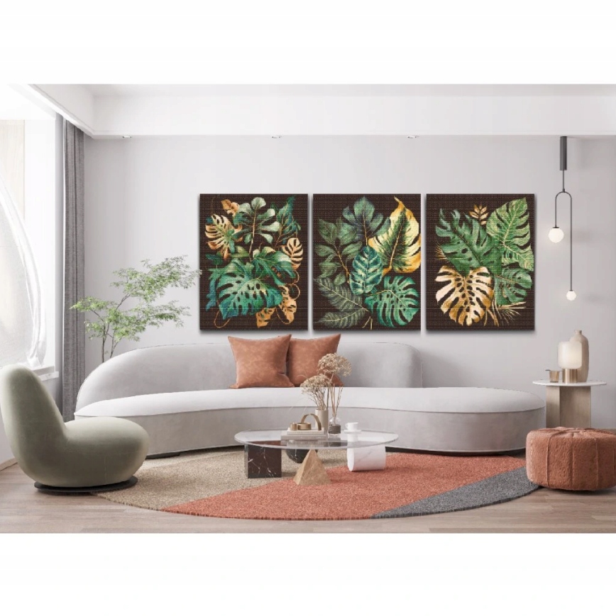 Diamantová výšivka Triptych Monstera Listy Zlato Květina Sada 3 Kusů 40x50cm