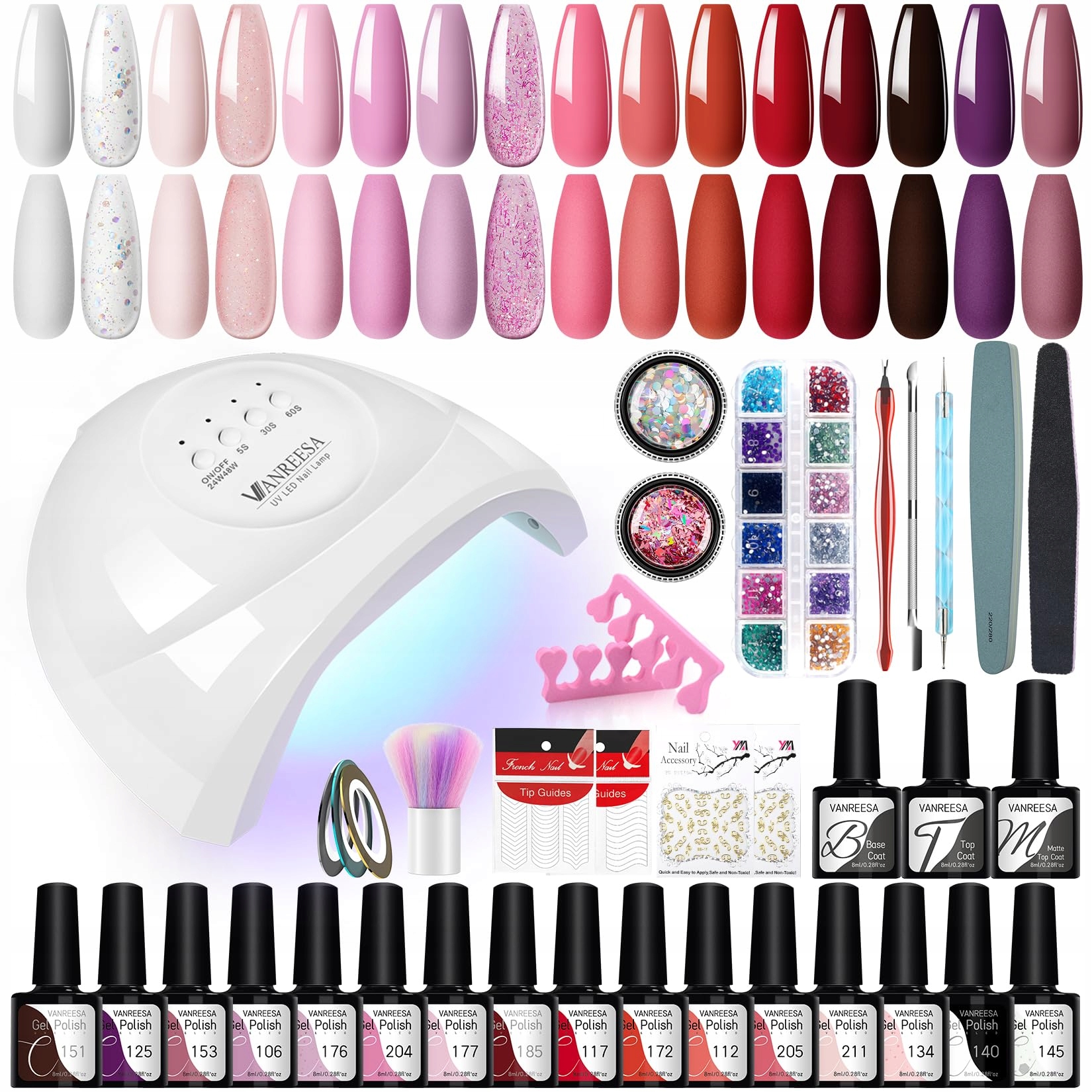 VANREESA Zestaw Lakierów UV 16 Kolorów z Lampą LED 48W do Manicure