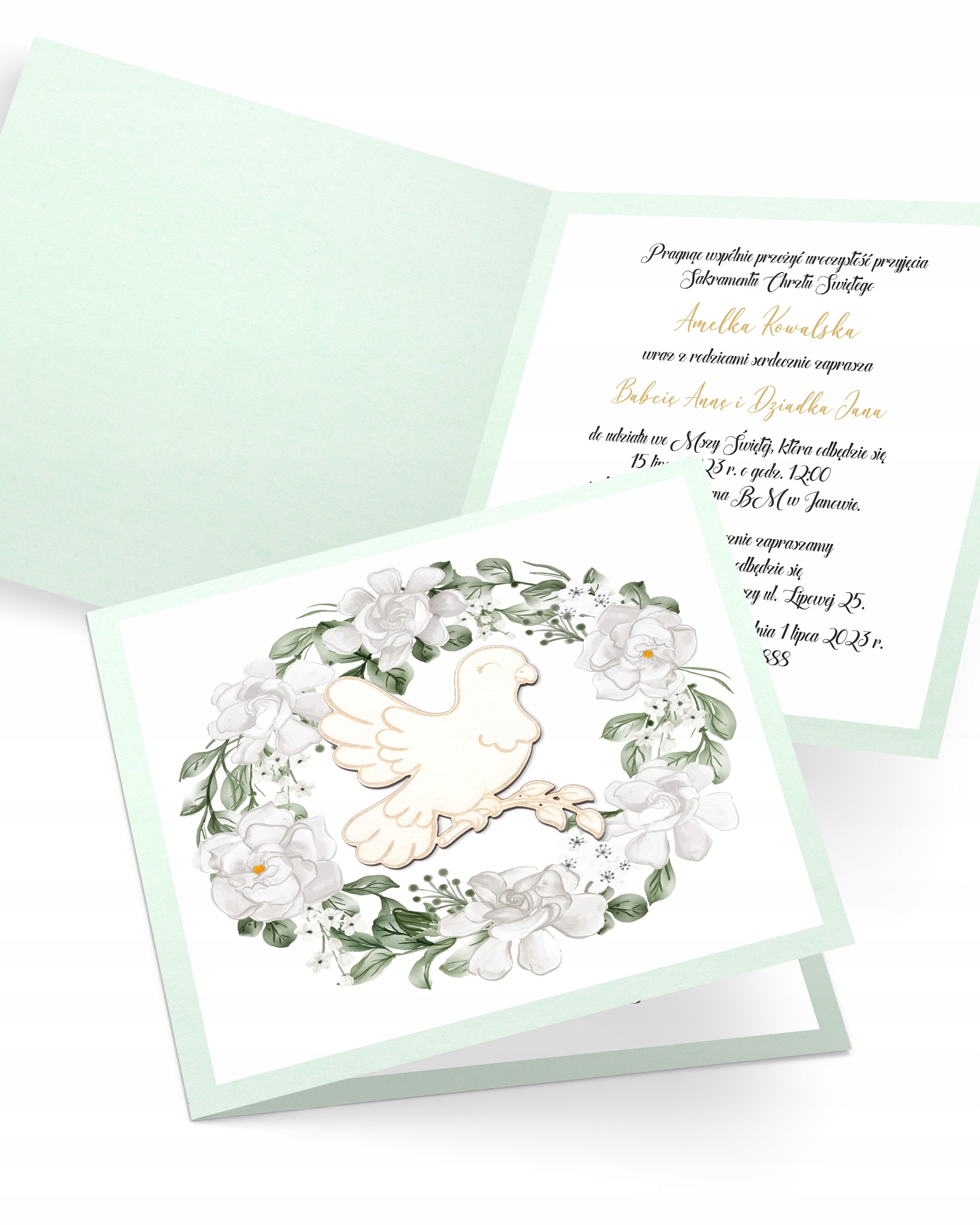 Zaproszenie na chrzest personalizowane z kopertą „Dove Garland”