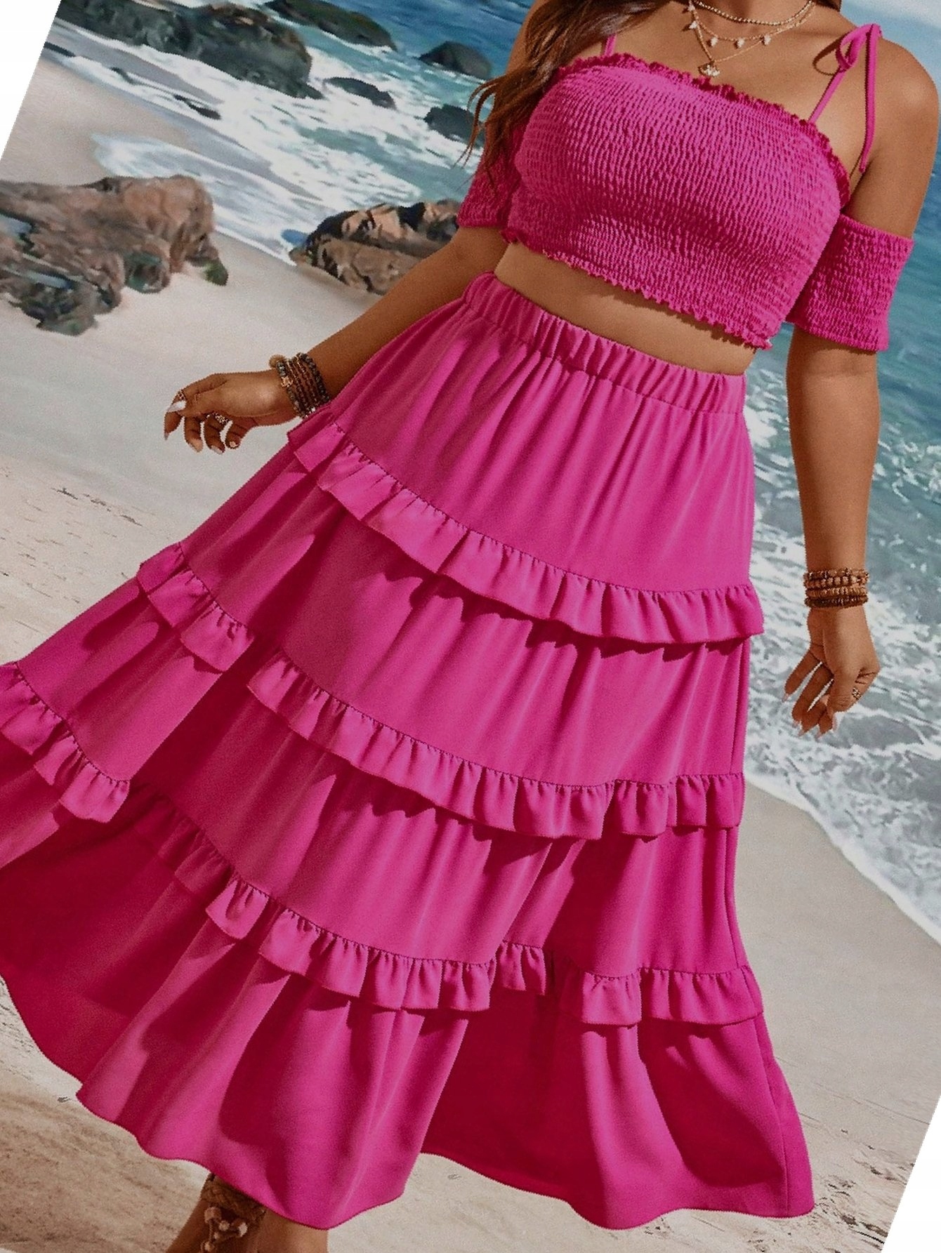 Letní komplet s rozevřeným Top Crop Spónicou a Falbankami 5XL