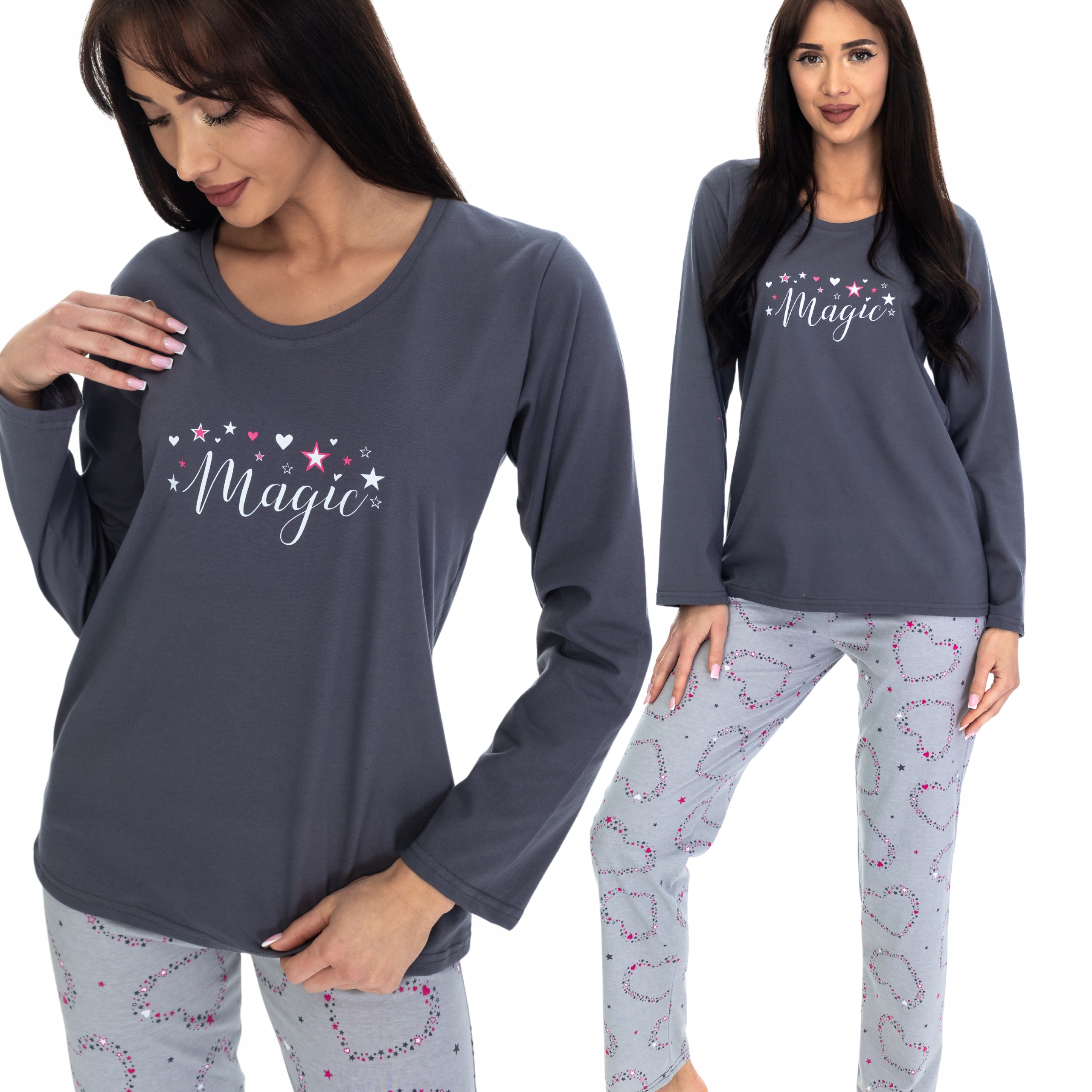 Dámské Pyžamo Dlouhé Kalhoty S Dlouhým Rukávem Nápis Magic Grafit XXL