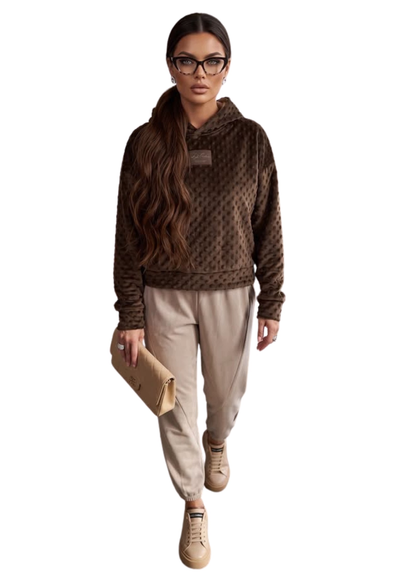 Dámský velurový komplet Laki Couture, hnědá/béžová barva