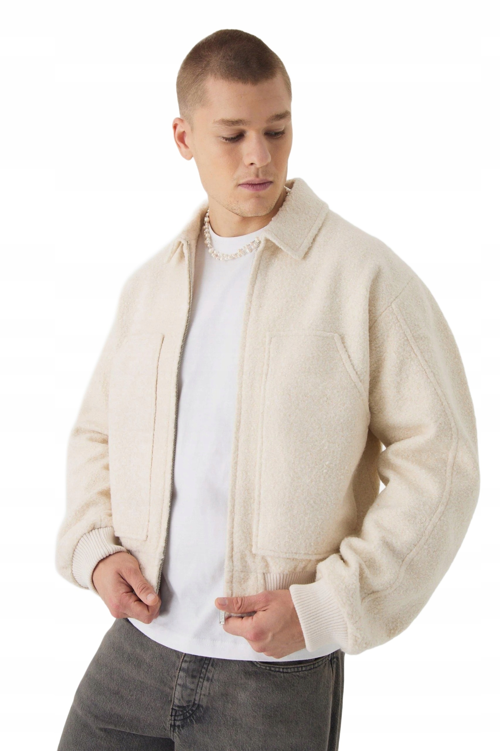 Boohooman Krémová Krátká Pánská Bunda S Kapsami A Zipem XL Z3A