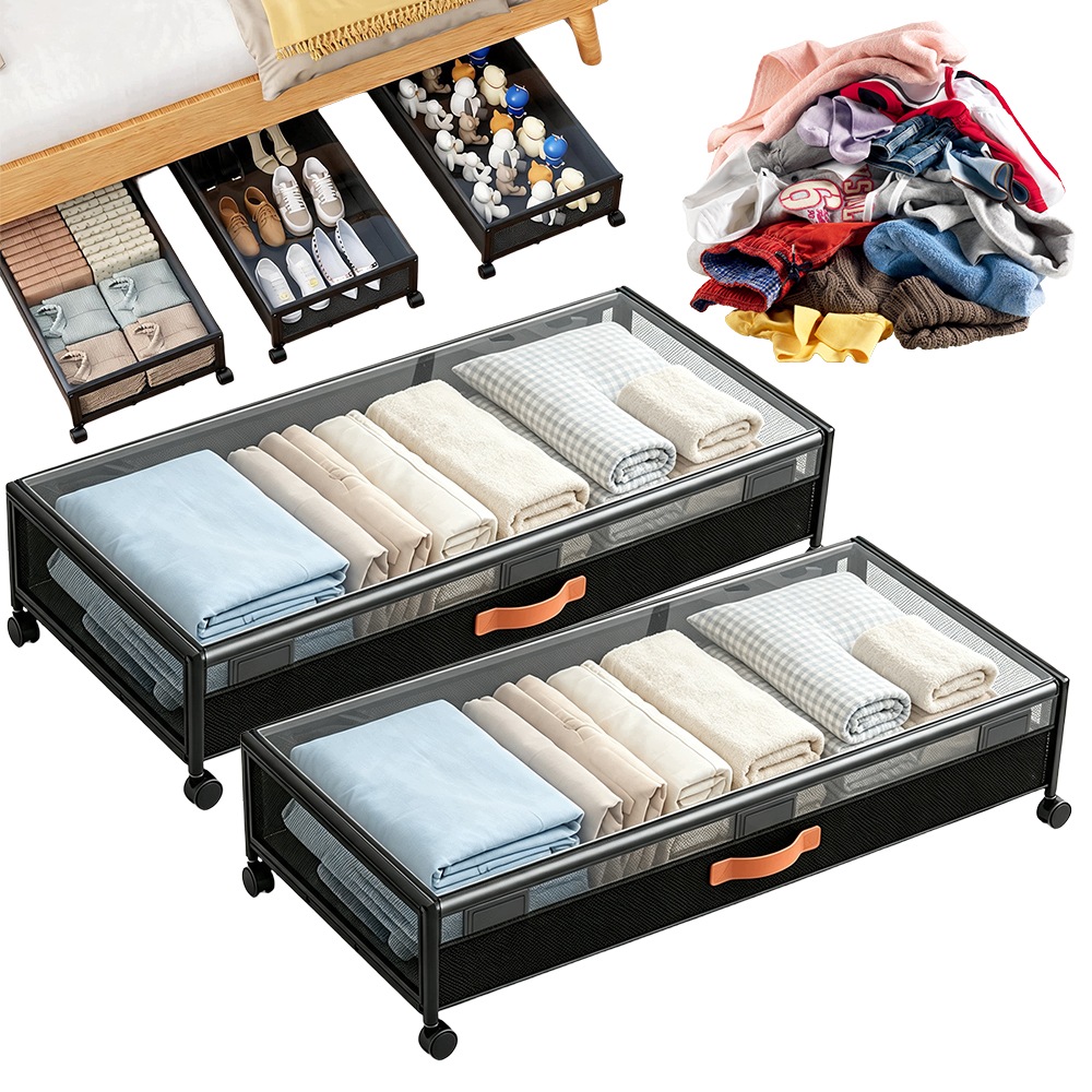 Organizér Kontejner na kolečkách pod postel Skříň s víkem 54L Skládací Černý
