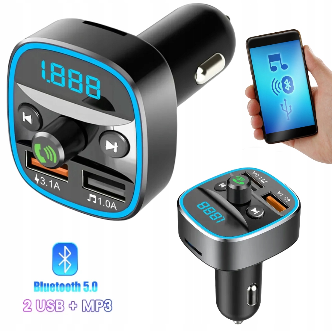 TRANSMITER FM BLUETOOTH 5.0 ŁADOWARKA QC 3.0 PD 20W RGB 2x USB USB-C Model TRANSMITER FM DUAL 2xUSB X8