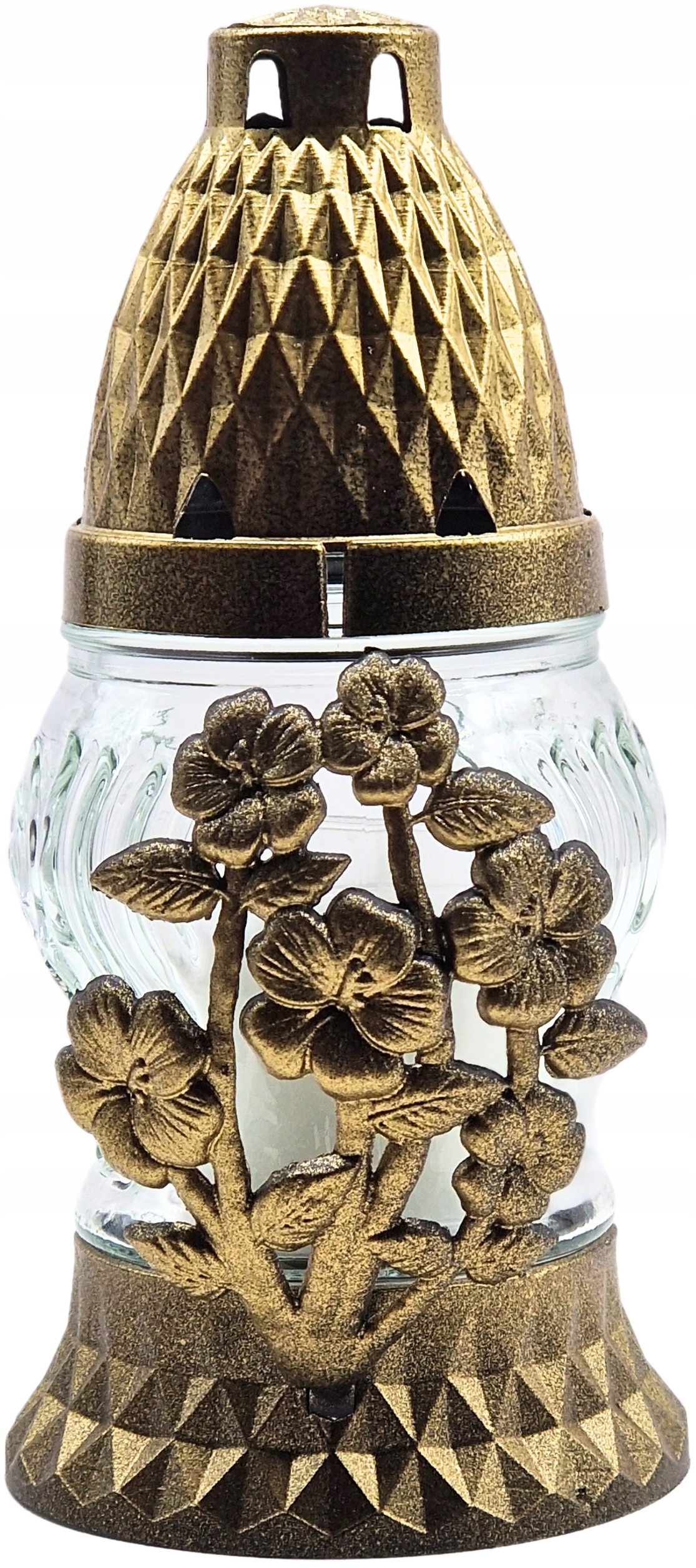 Znicz szklany LA11 14cm, wkład 30g, czas palenia 8h, aplikacja KWIAT ZŁOTY