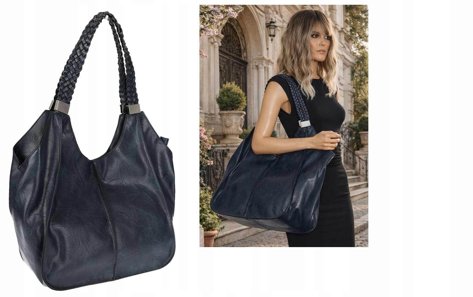 Dámská kabelka velká shopper taška přes rameno s pletenou rukojetí 203C Tmavě modrá