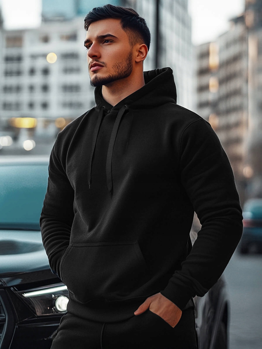 BLUZA MĘSKA Z KAPTUREM W KOLORZE CZARNYM - KIESZEŃ KANGUREK - OCIEPLANA XL Rozmiar XL