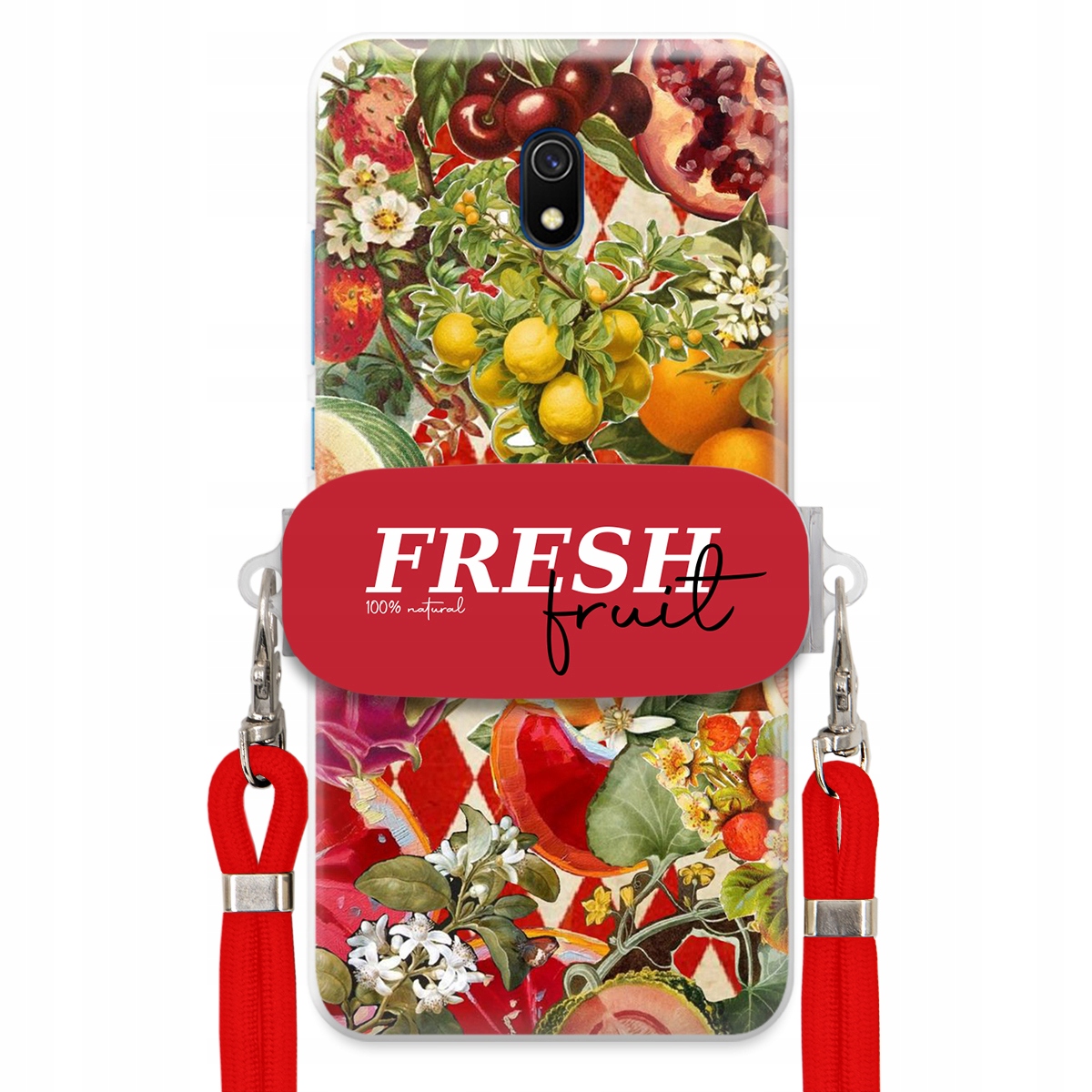 Pouzdro pro Xiaomi Redmi 8A Červené Crossbody vodítko Držák Fresh Fruit Ovoce