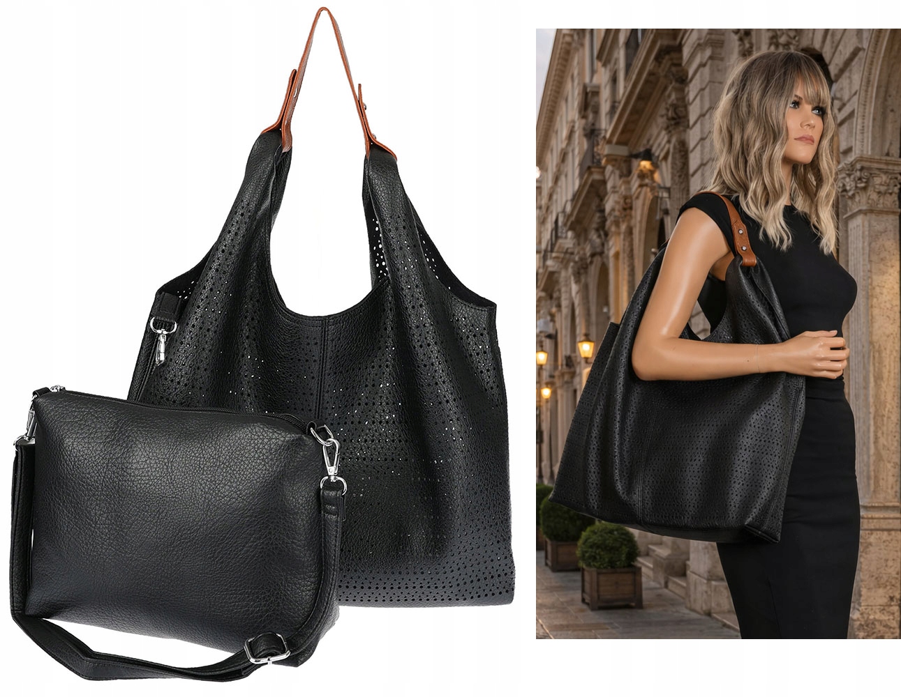 Dámská kabelka shopper taška 2v1 pošťačka prostorná ažurová D1901 Černá