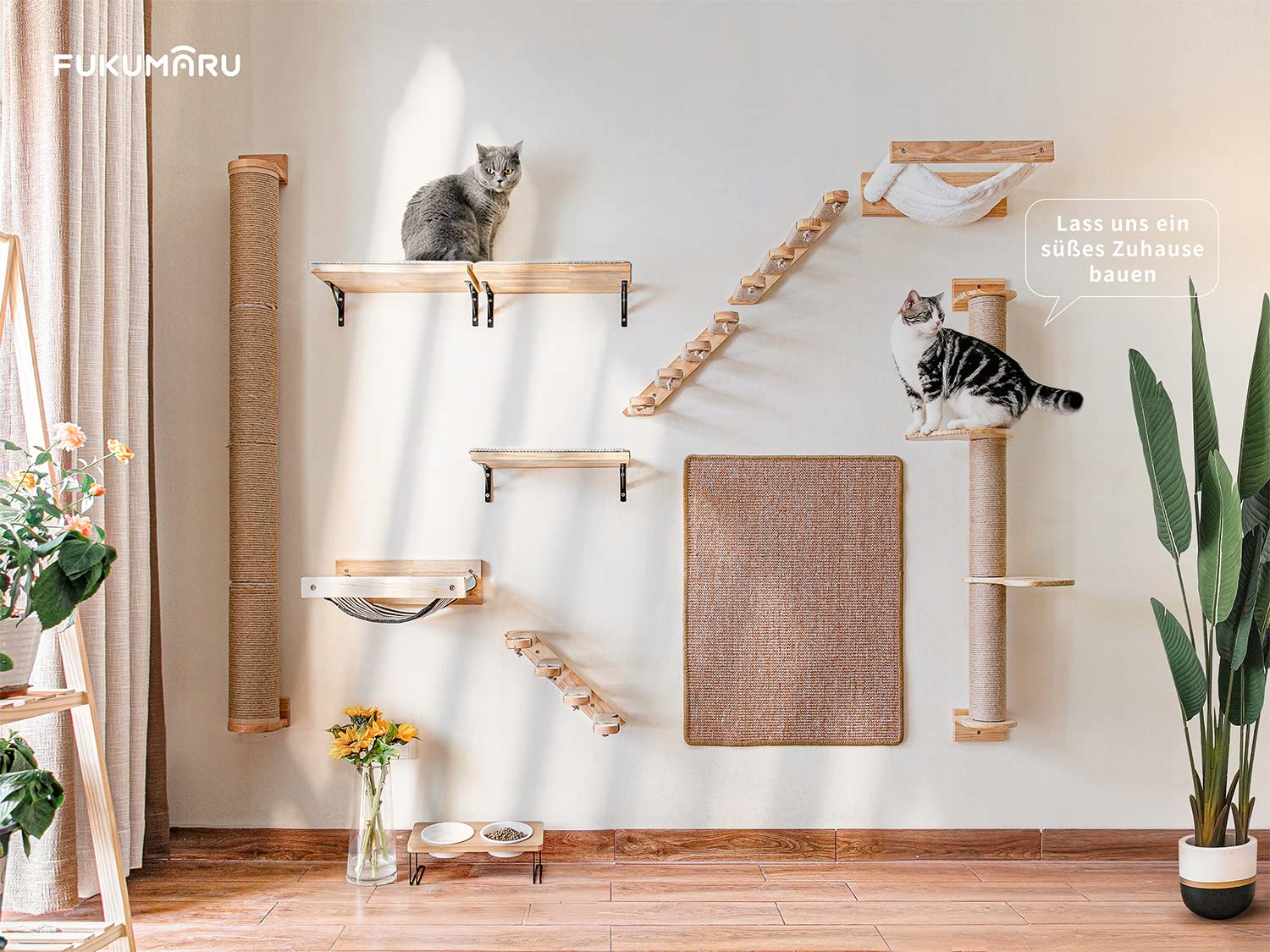 FUKUMARU Kletterwand Dla Kota Duża Półka Ścienna Z Drewna Hamak Flanela — miniatura 7