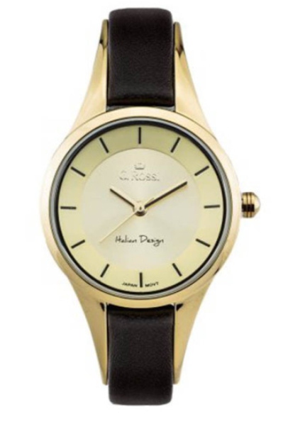 Černé dámské hodinky na koženém řemínku, pozlacené pouzdro, světlý ciferník