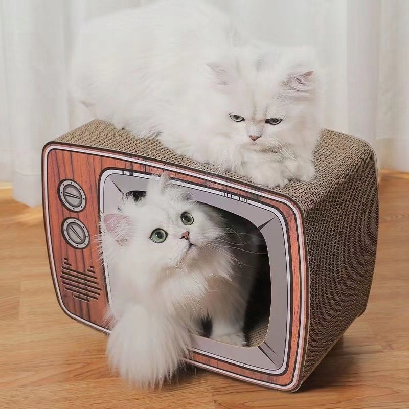 Levně Škrabadlo pro kočky Retro kartonové škrabadlo pro kočky Tv s koťátkem 43×33×22 cm