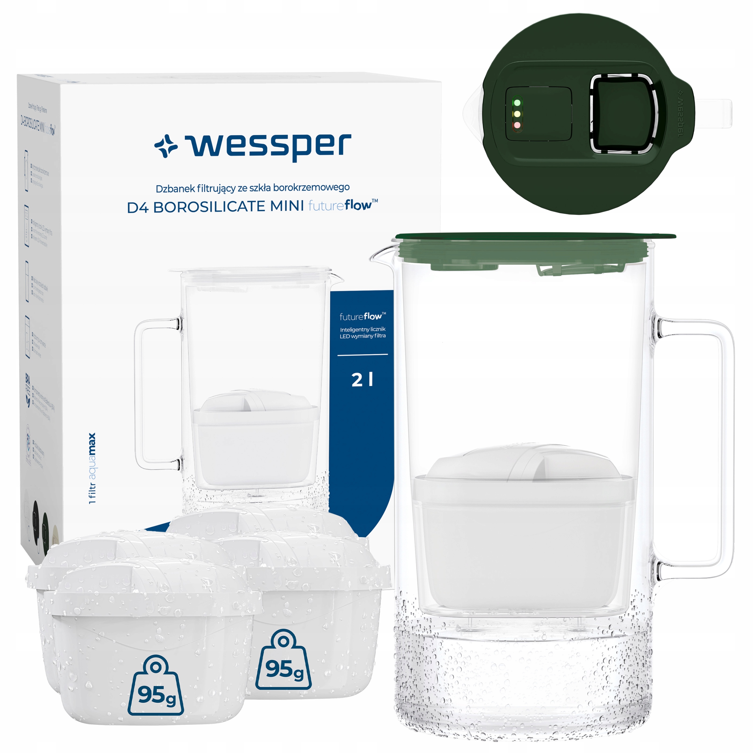 Wessper D4 Borosilicate Mini filtrační konvice skleněná 2l 5x filtr