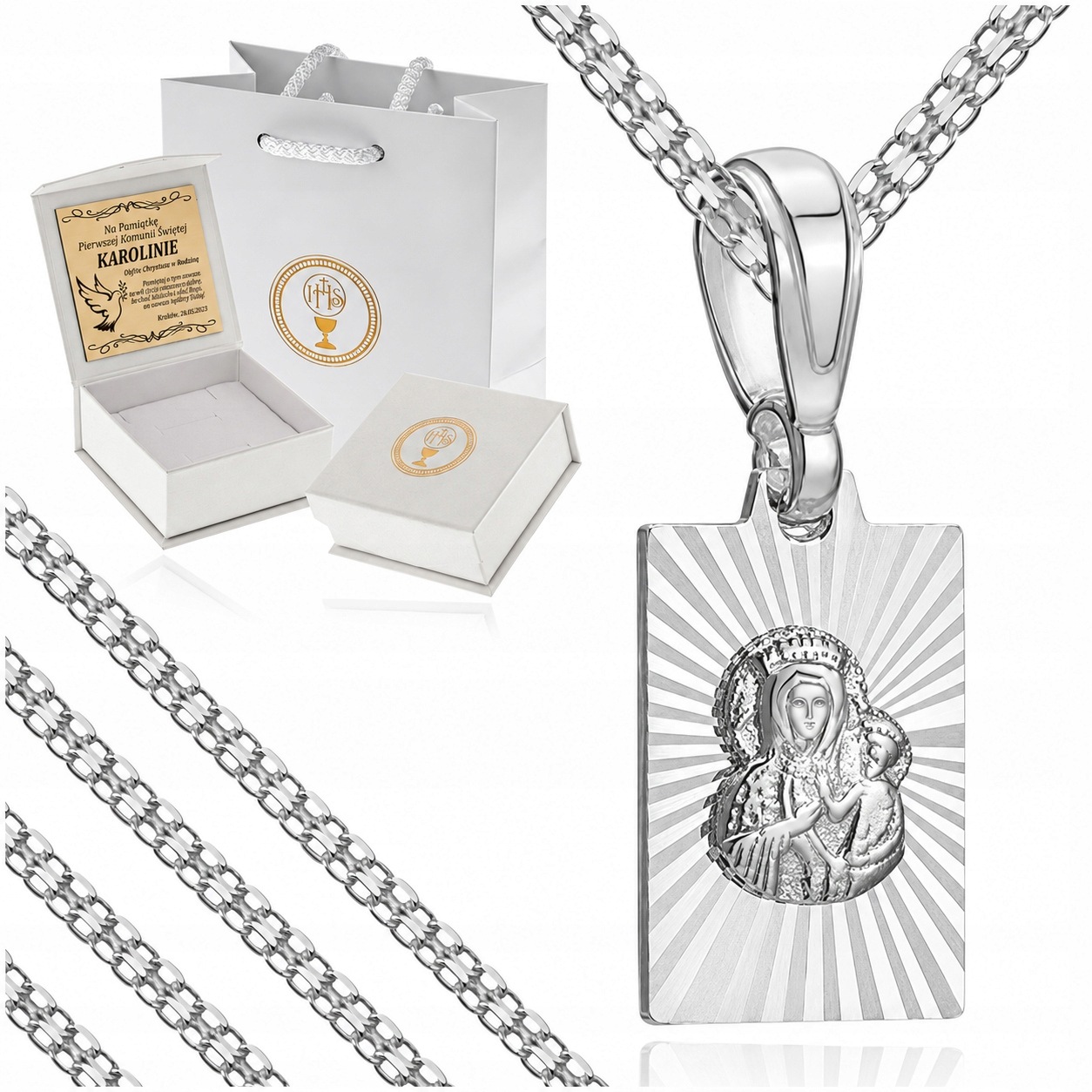 Stříbrný Řetízek Bismark Diamantový Medailon Matka Boží Gravírování Křest