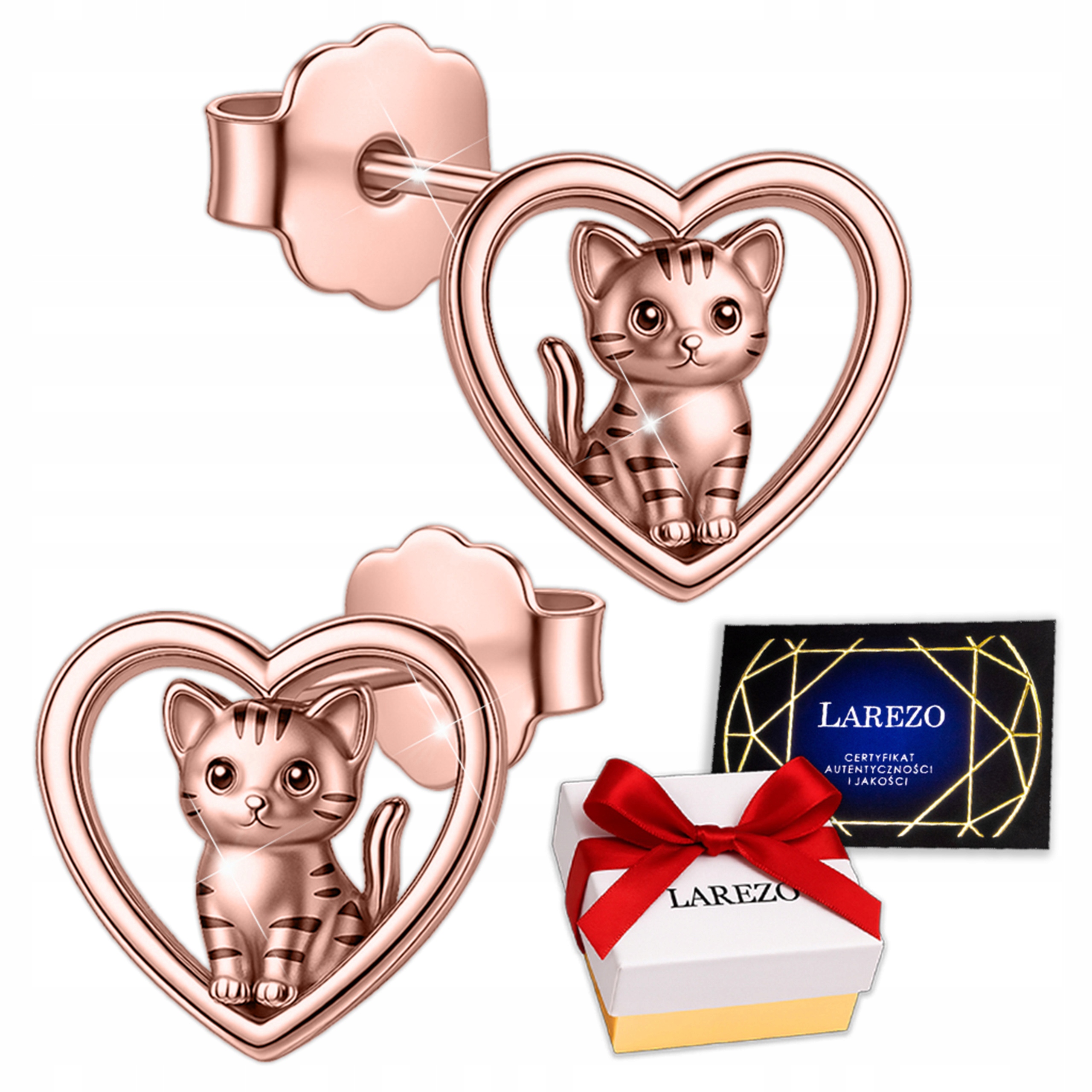 Pozlacené Náušnice Kočky Srdce s kočkami Srdíčka s kočkou Stříbro 925