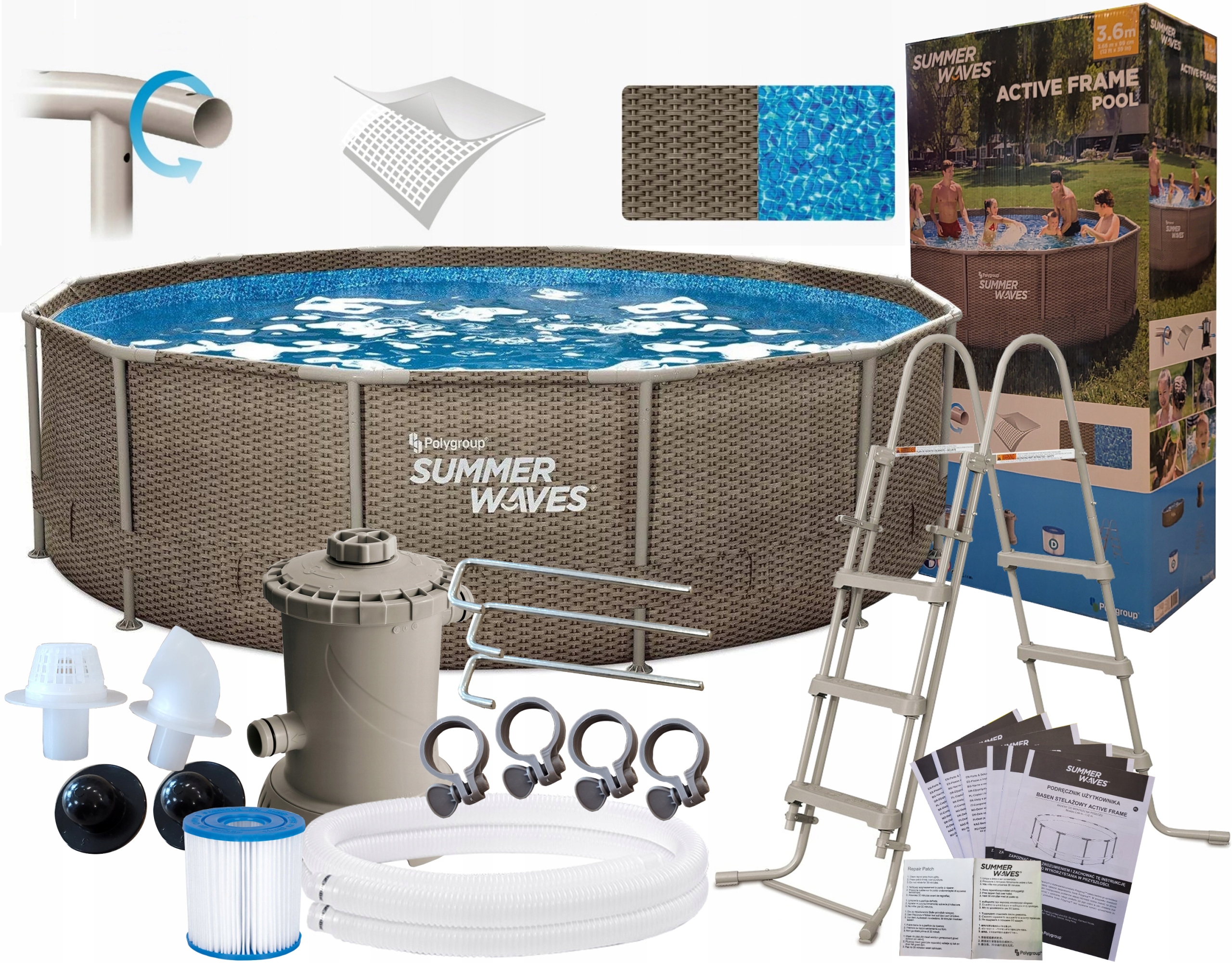 BASEN OGRODOWY 366x99cm 7w1 STELAŻ POMPA DRABINKA