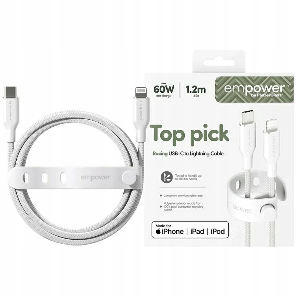 Kabel Empower by PanzerGlass Racing 60W Usb-c Lightning 1.2 m stříbrno-bílý