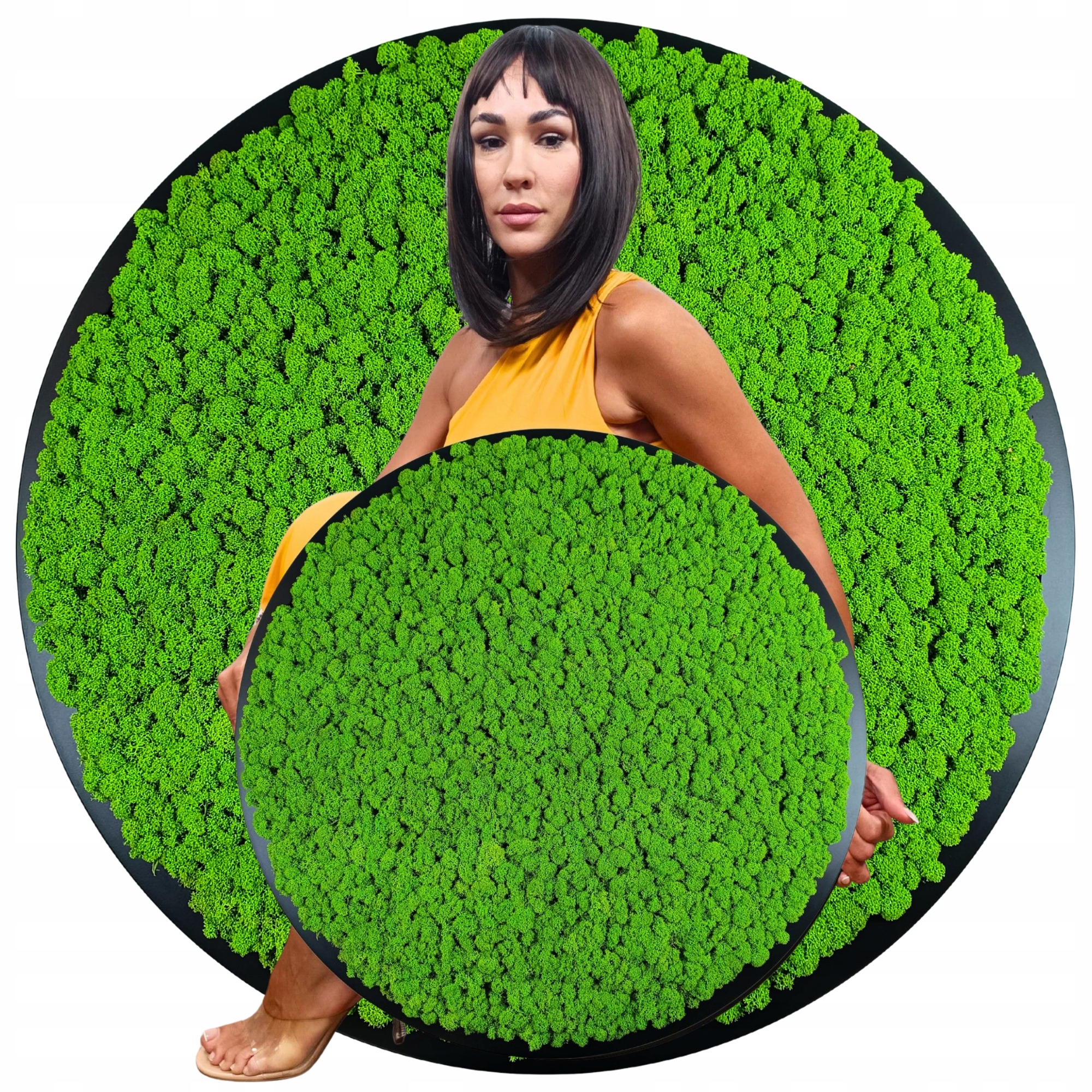 Obraz v dřevěném kulatém černém rámu s mechem Chrobotkem, průměr 60 cm