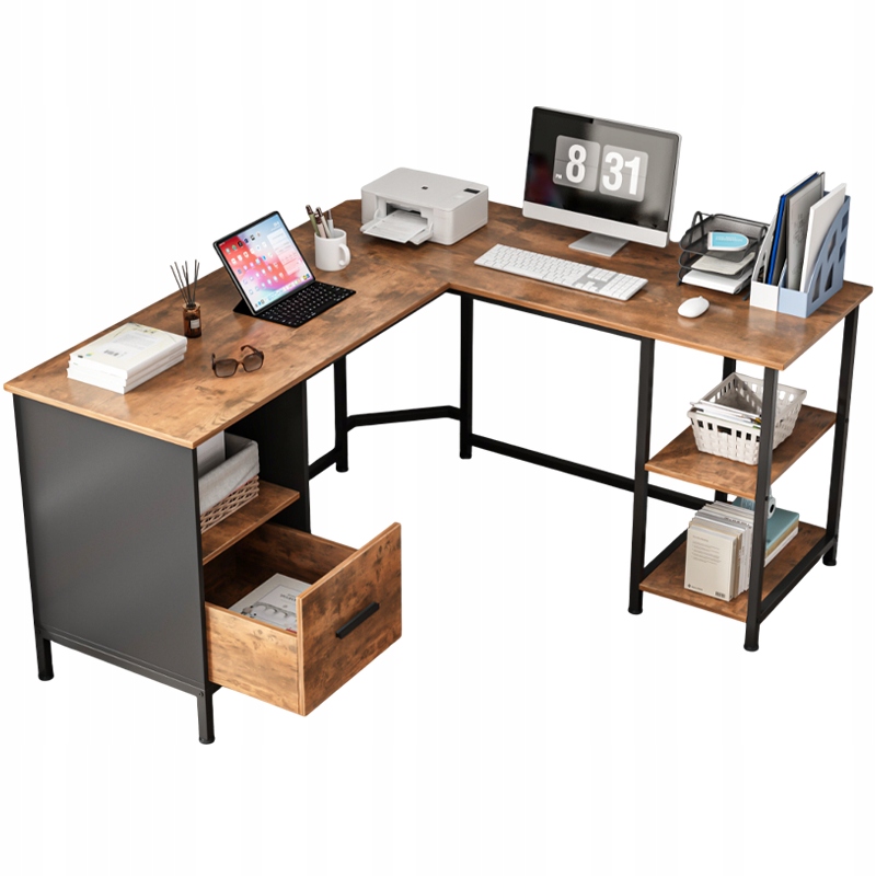 Rohový Rustikálny Počítačový Stôl, Veľký Vintage, Industriálny, Tmavo Hnedý