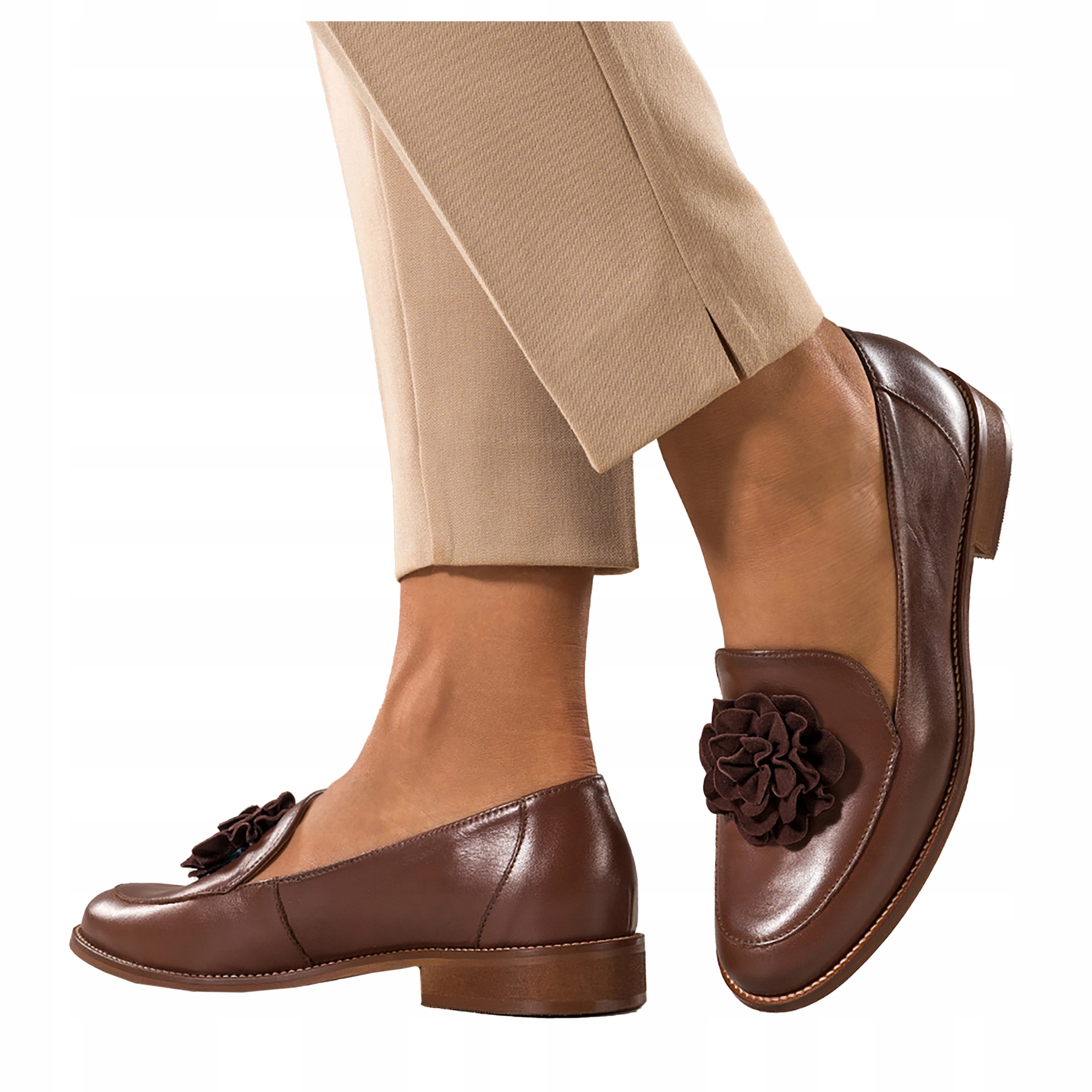 Dámské Mokasíny Hnědé Kožené Polobotky Pohodlné Ozdoba Květ Ploché r 39