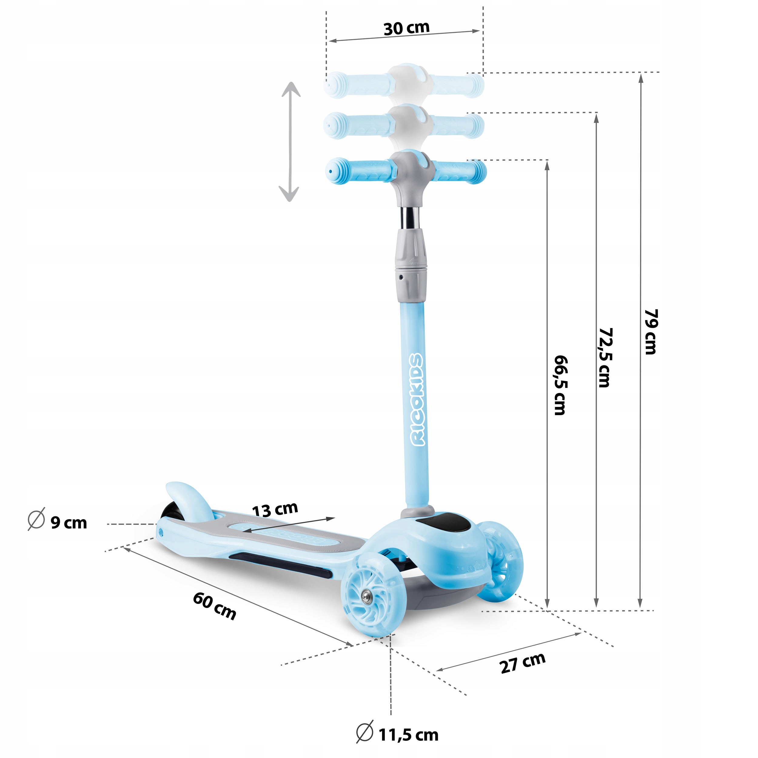 HULAJNOGA DLA DZIECI TRÓJKOŁOWA LED RICOKIDS Długość podestu 33 cm