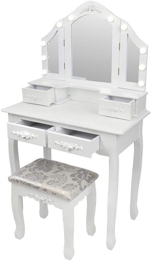 BIAŁA TOALETKA KOSMETYCZNA Z LUSTREM LED + TABORET Wysokość mebla 140 cm