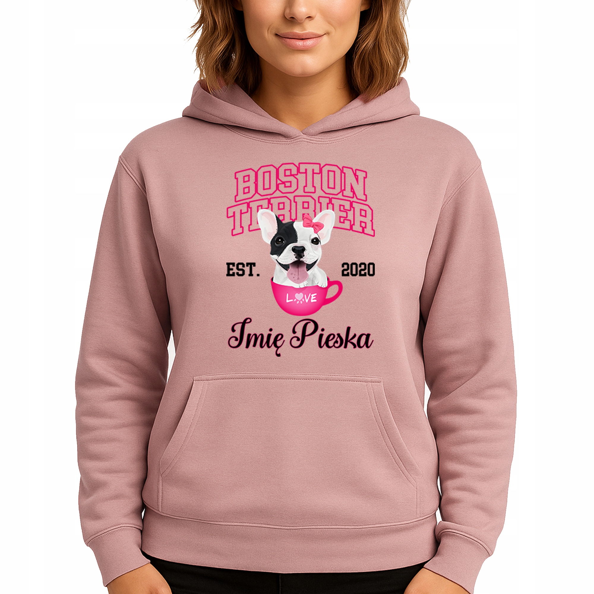 Mikina S Kapucí Růžová bavlněná mikina Boston Terrier Jméno psa M