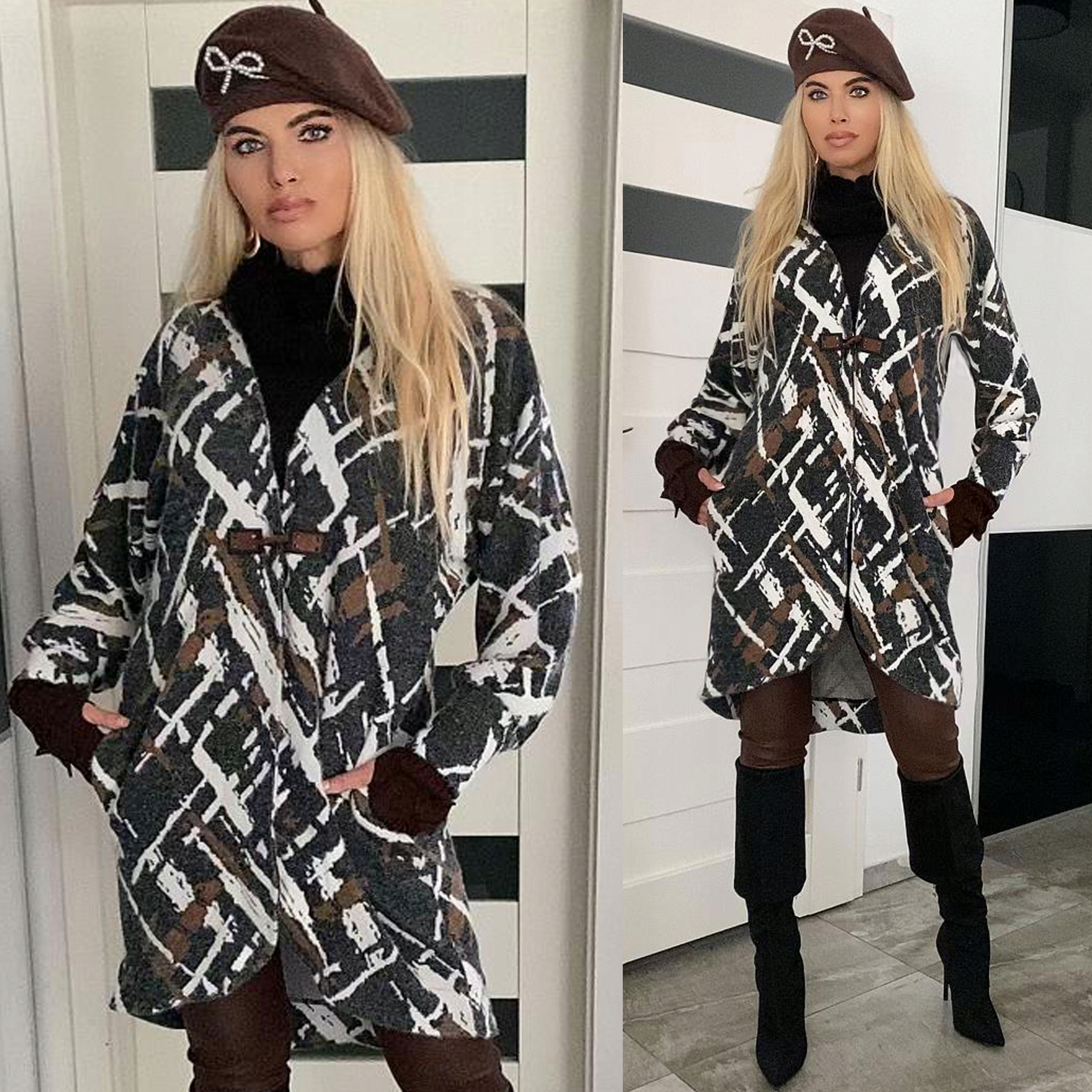 Zjawiskowy Płaszcz Z Miłej Angorki Luźny Płaszczyk Damski Plus Size 799A