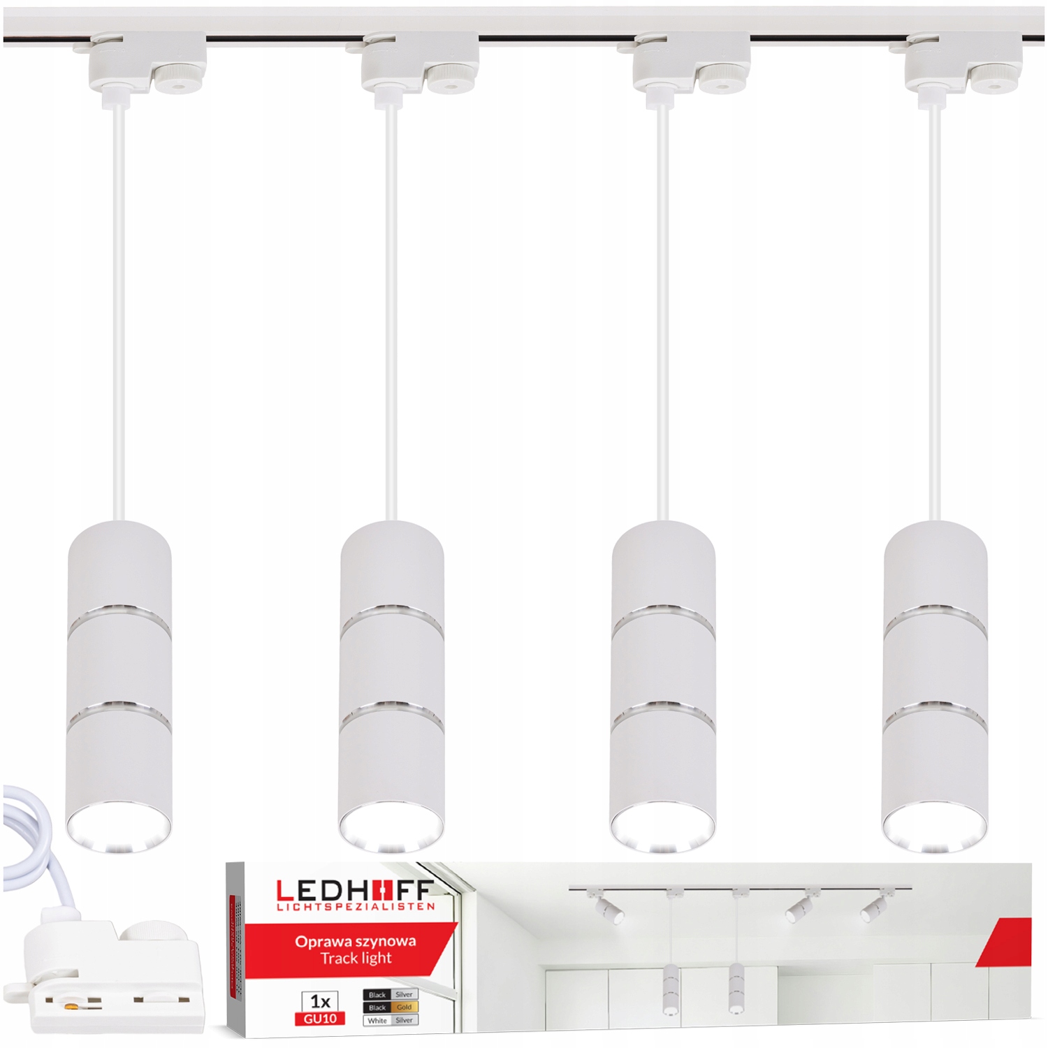 Kolejnicová lišta 1 m 4x závěsná Led lampa Tuba GU10 Kolejové osvětlení