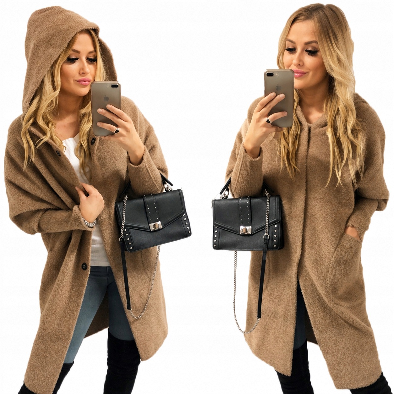 Alpaki Kabátová bunda Vlna Barvy oversize Dlouhý Camel