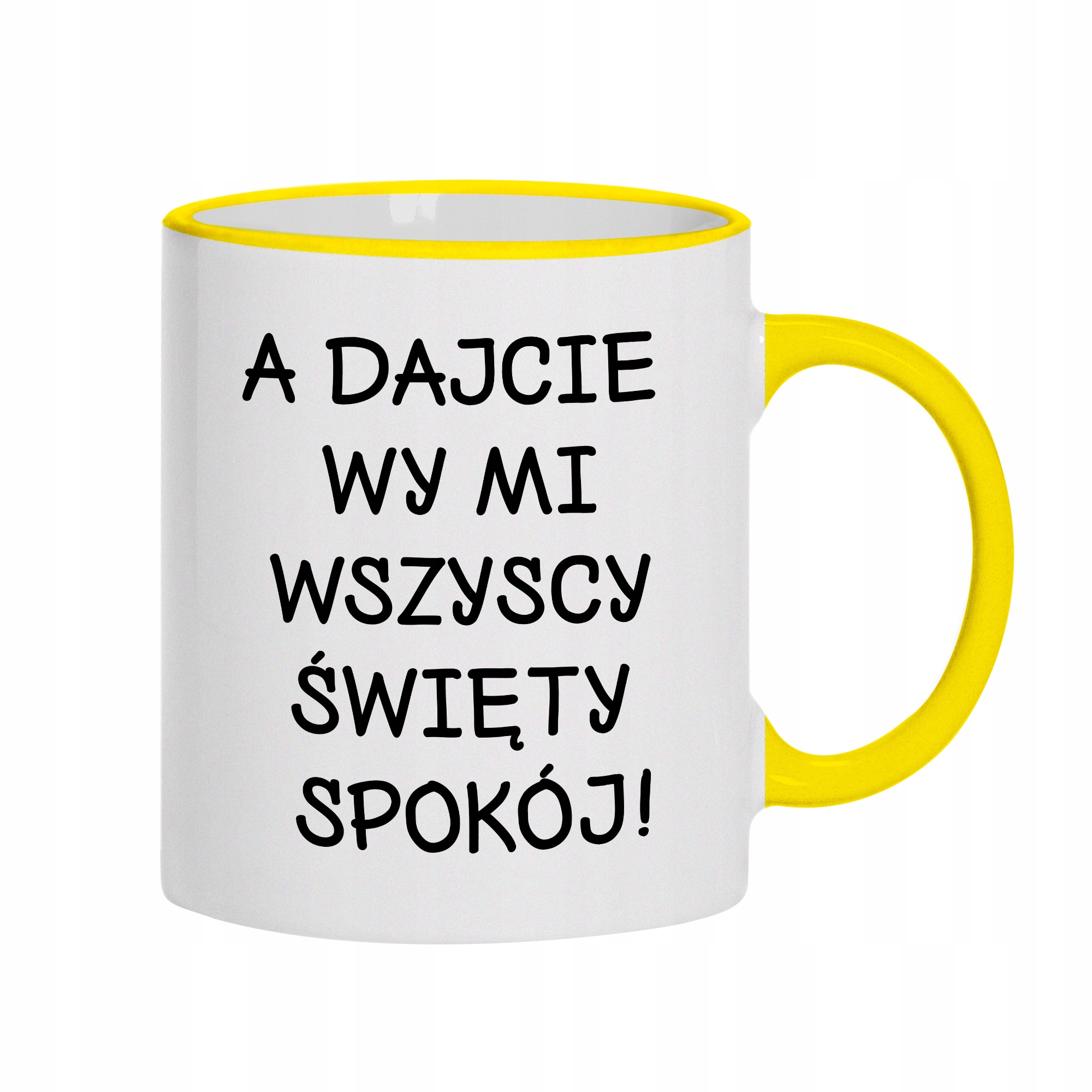 

Kubek Biały Rant Ucho Żółte wzór Święty Spokój 01