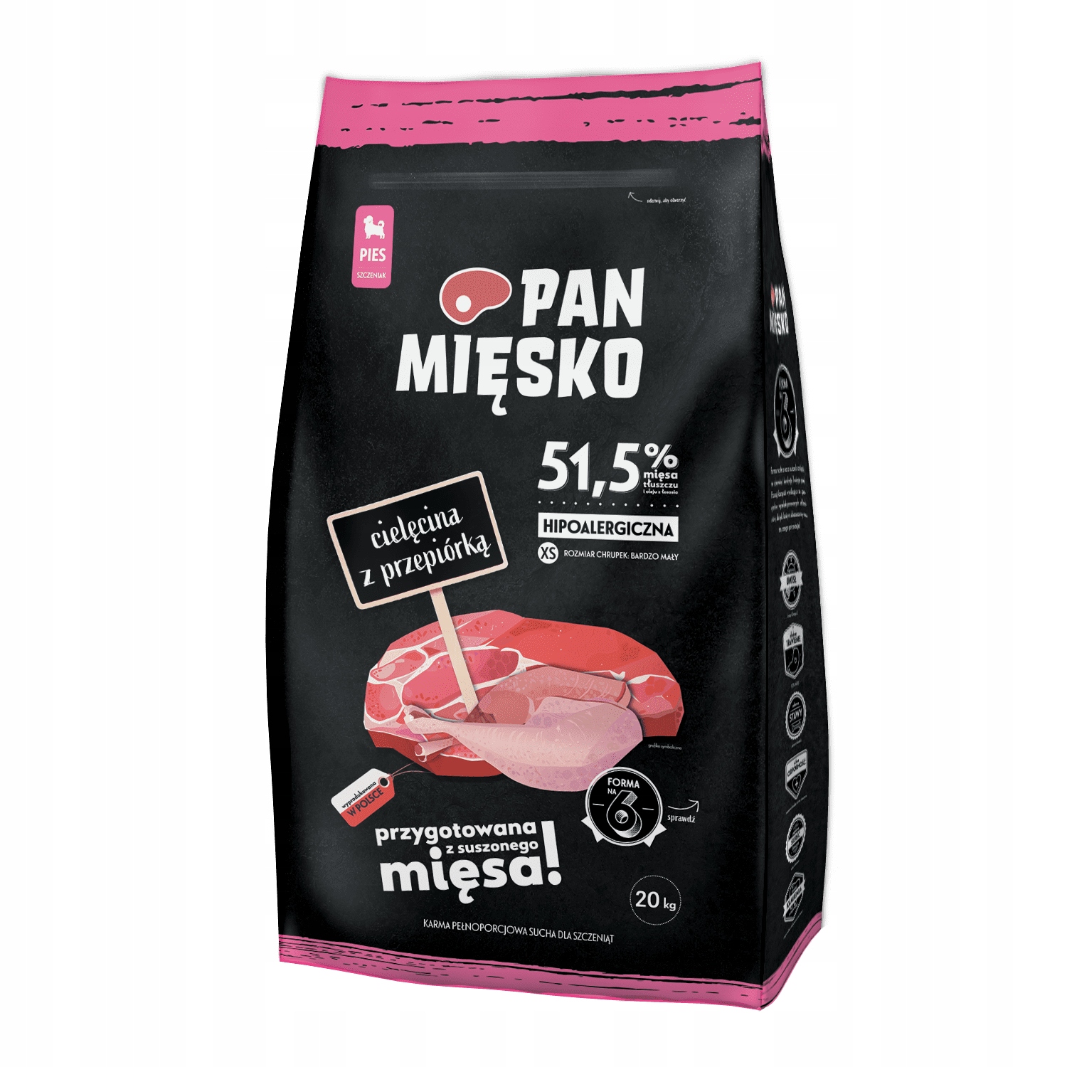 Karma psa szczeniaka Pan Mięsko cielęcina z przepiórką 20kg chrupki Xs