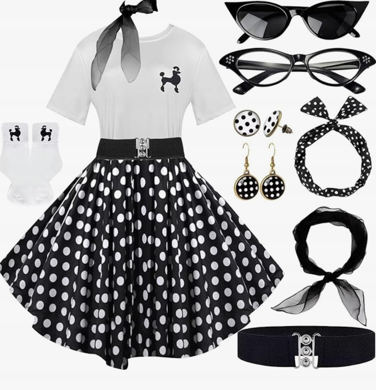 Kostým Retro 50. léta Sukně a tričko Pudle Poodle Akcesoria 10 el Vel L