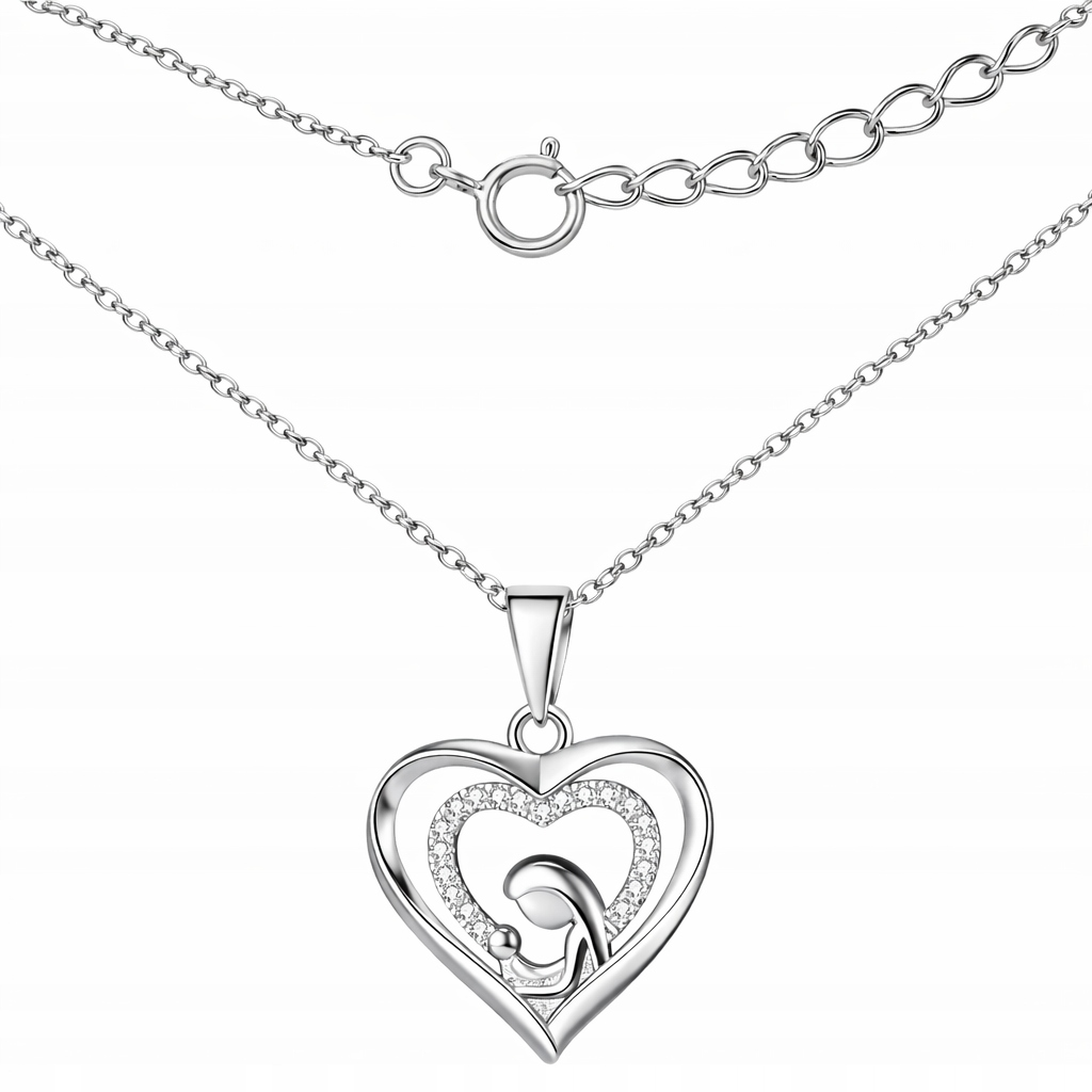 Stříbrný řetízek náhrdelník na křtiny, přijímání, srdce, matka, dítě, Marie